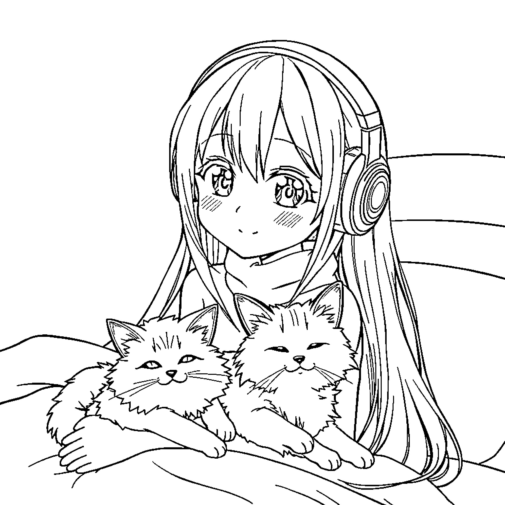Anime Girl with Adorable Kittens Coloring Page (free black-and-white line drawing printable PDF for all, from beginners to advanced learners, including children, teens, adults, and seniors)