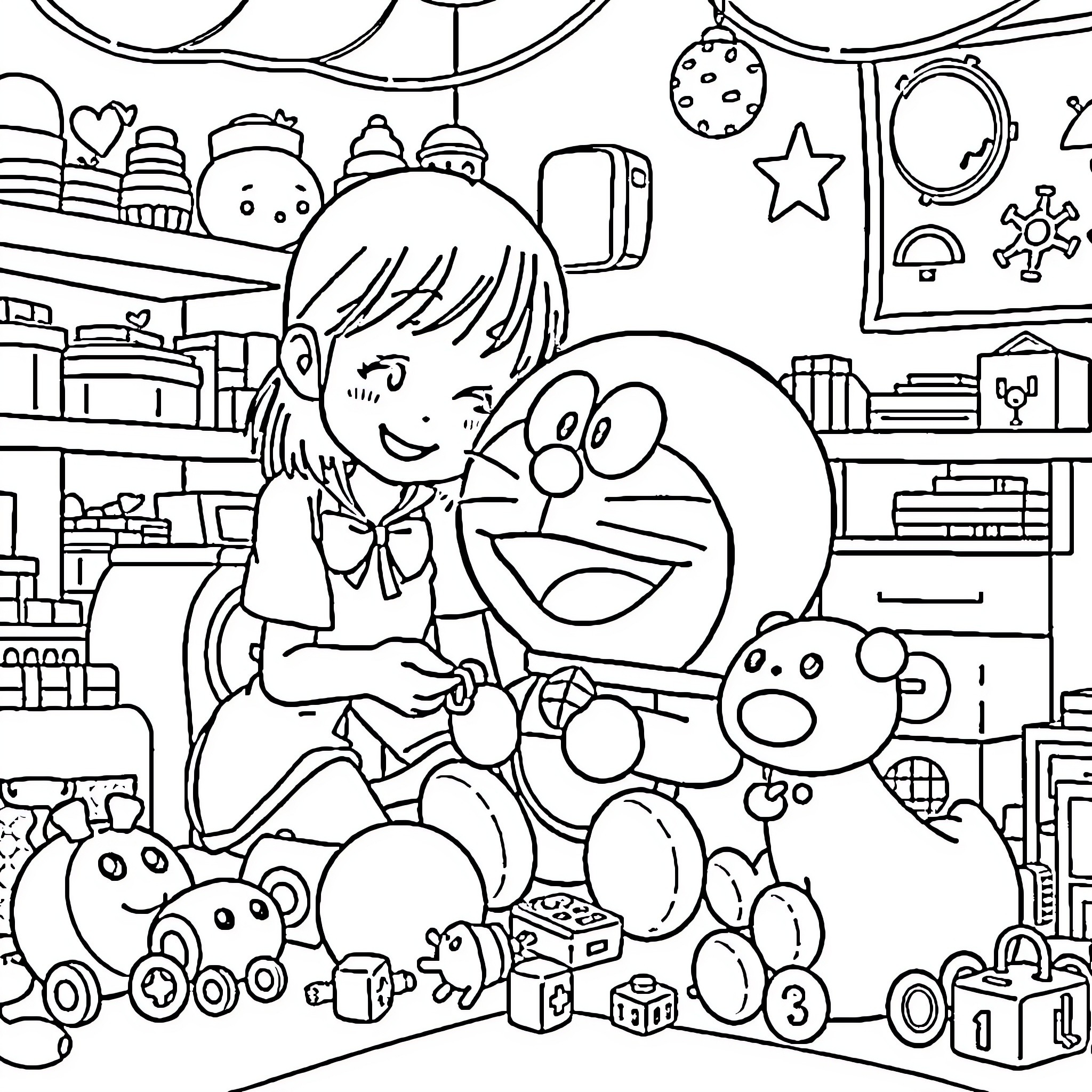 Kuromi playing with Doraemon and friends in a room Coloring Page (free black-and-white line drawing printable PDF for all, from beginners to advanced learners, including children, teens, adults, and seniors)