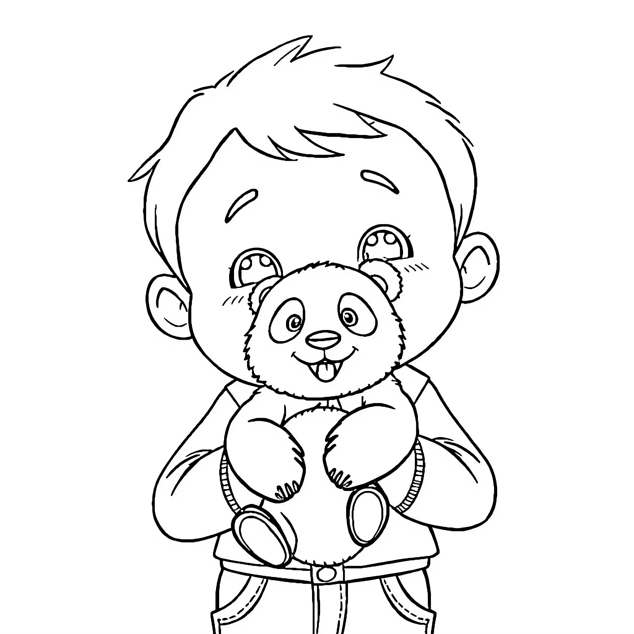 Boy holding a cute plush panda toy Coloring Page (free black-and-white line drawing printable PDF for all, from beginners to advanced learners, including children, teens, adults, and seniors)