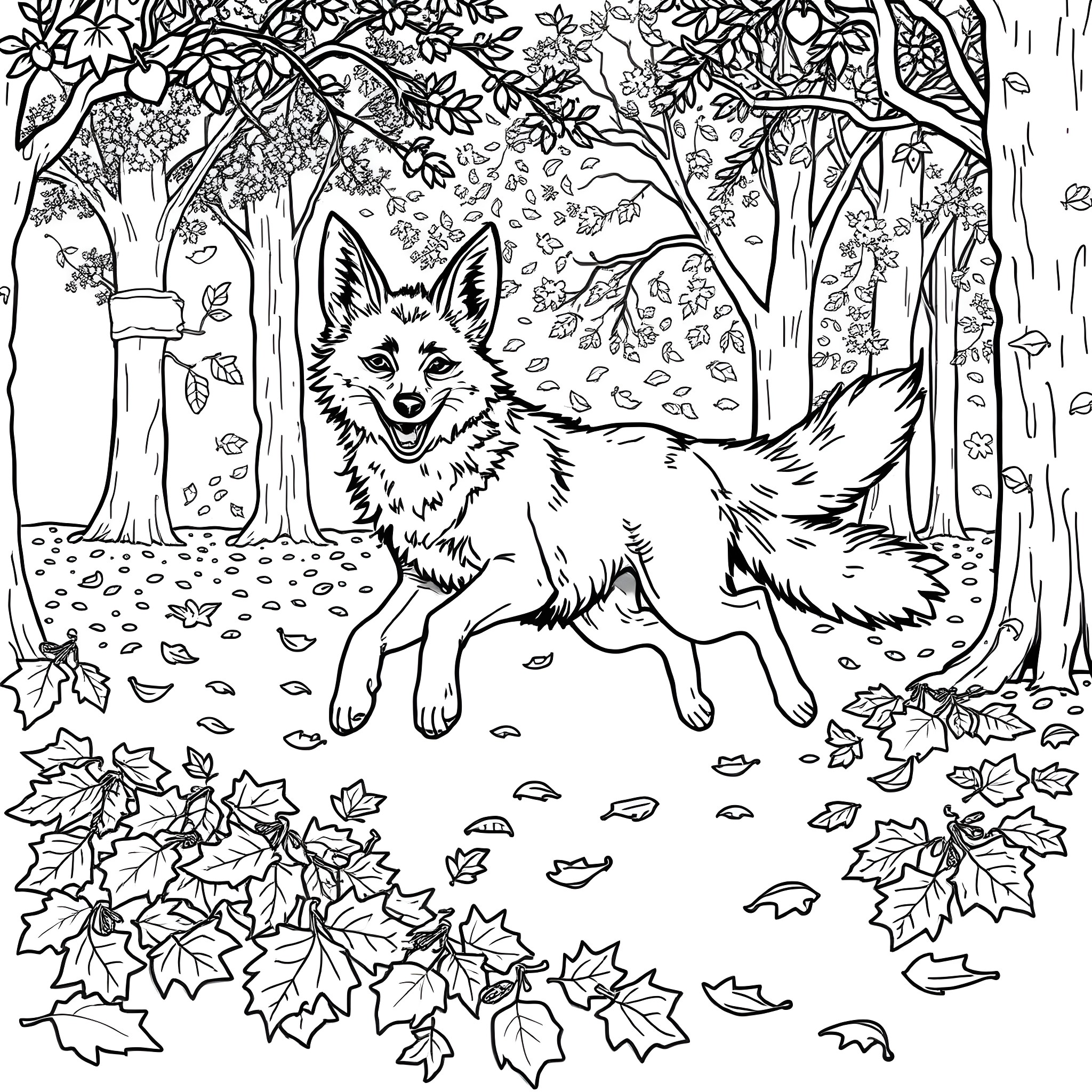 Coyote exploring the forest Coloring Page (free black-and-white line drawing printable PDF for all, from beginners to advanced learners, including children, teens, adults, and seniors)