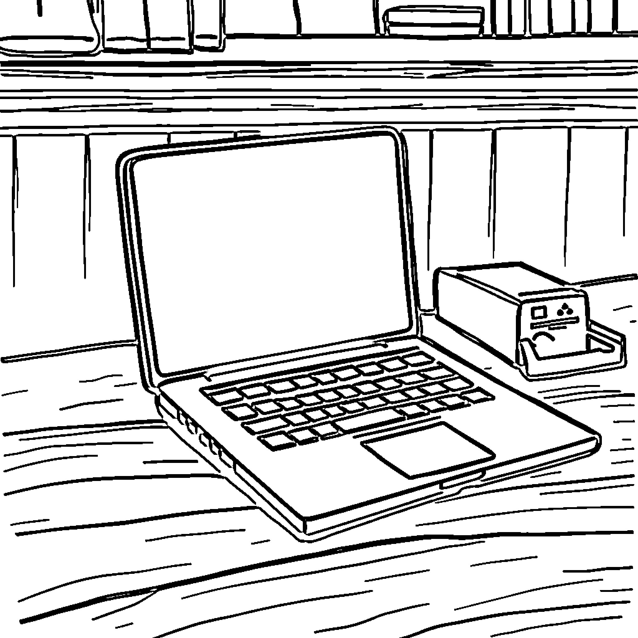 MacBook on a wooden desk Coloring Page (free black-and-white line drawing printable PDF for all, from beginners to advanced learners, including children, teens, adults, and seniors)