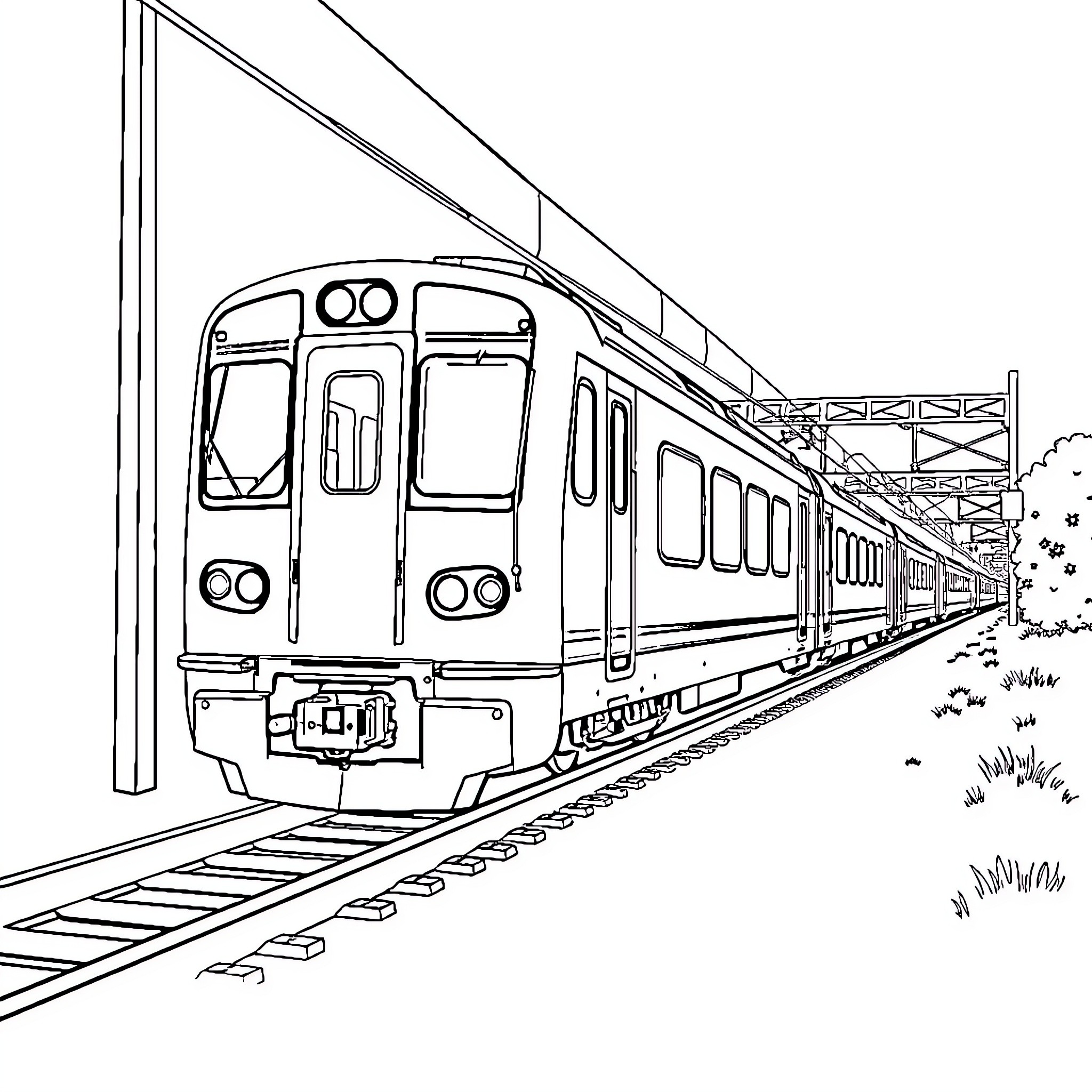 Train traveling on tracks through scenic landscape Coloring Page (free black-and-white line drawing printable PDF for all, from beginners to advanced learners, including children, teens, adults, and seniors)