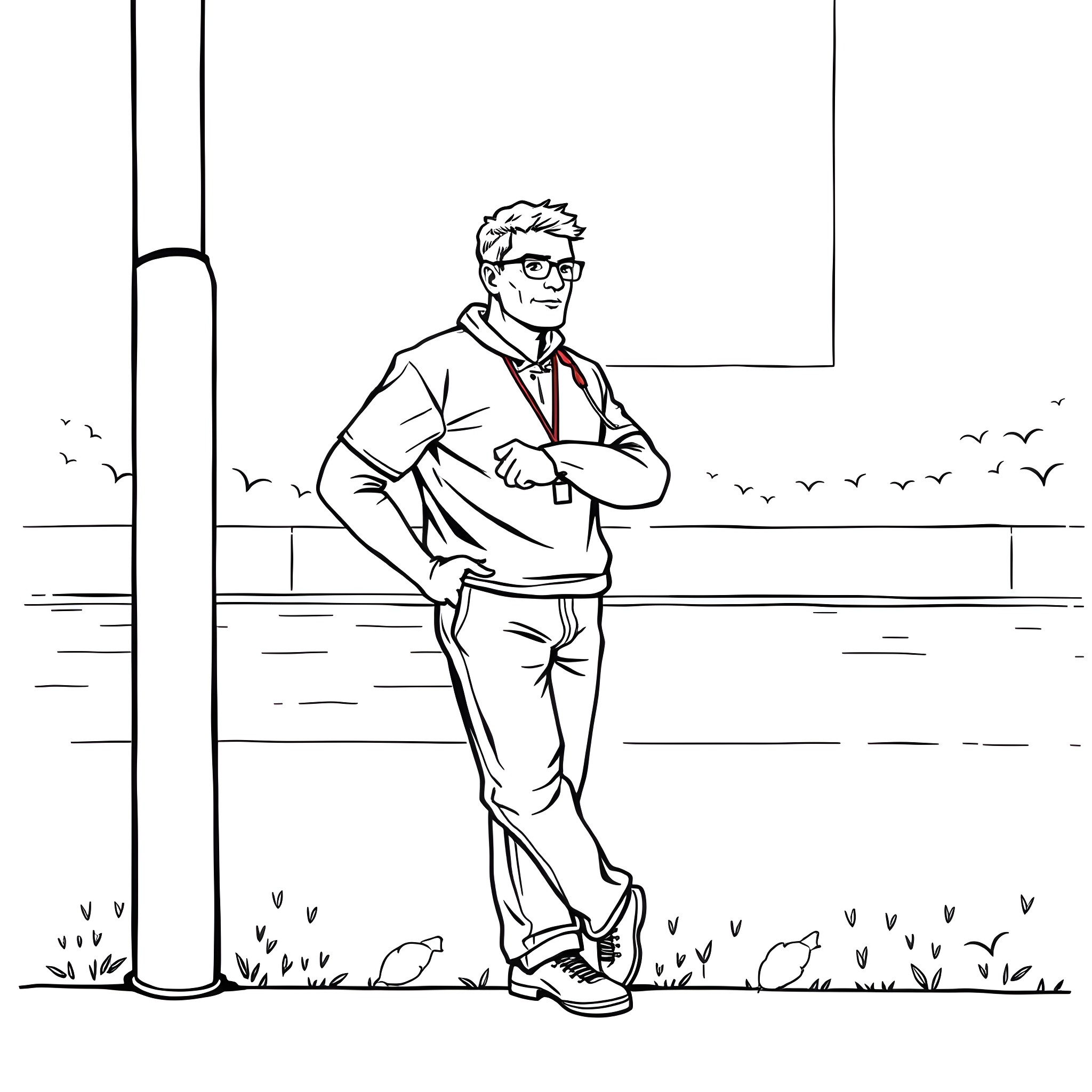 Health Coach Offering Advice in Outdoor Setting Coloring Page (free black-and-white line drawing printable PDF for all, from beginners to advanced learners, including children, teens, adults, and seniors)
