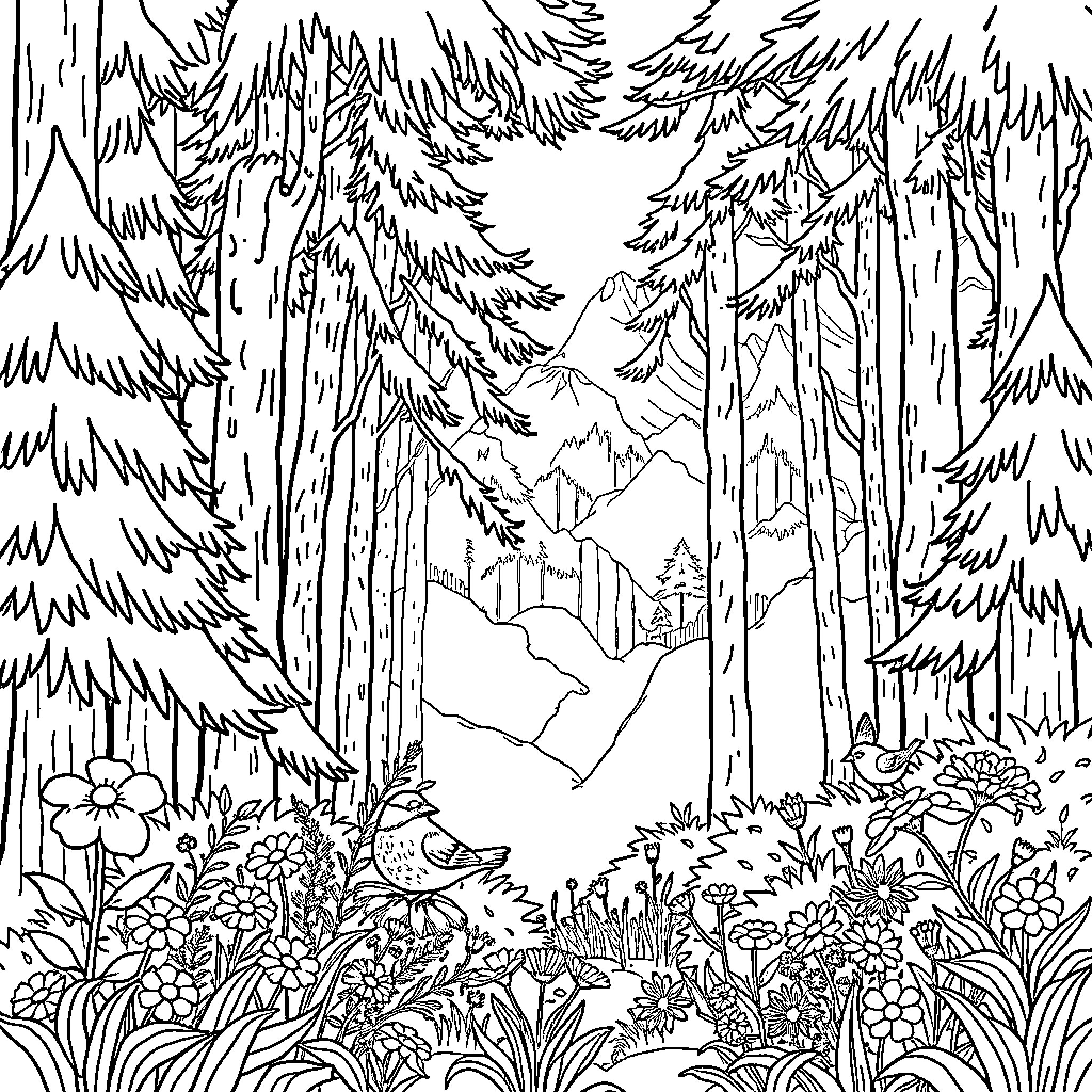 Forest Landscape with Detailed Scenery Coloring Page (free black-and-white line drawing printable PDF for all, from beginners to advanced learners, including children, teens, adults, and seniors)