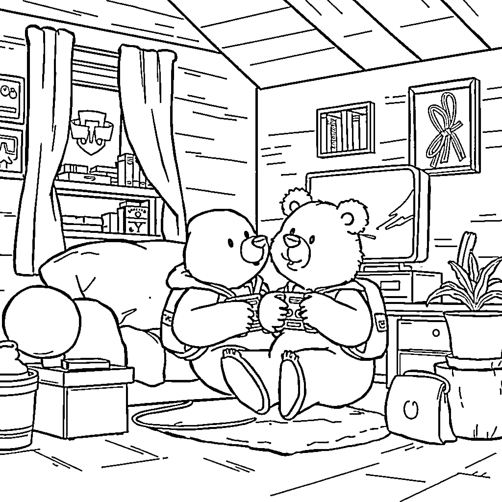 Bear cuddling in cozy living room Coloring Page (free black-and-white line drawing printable PDF for all, from beginners to advanced learners, including children, teens, adults, and seniors)
