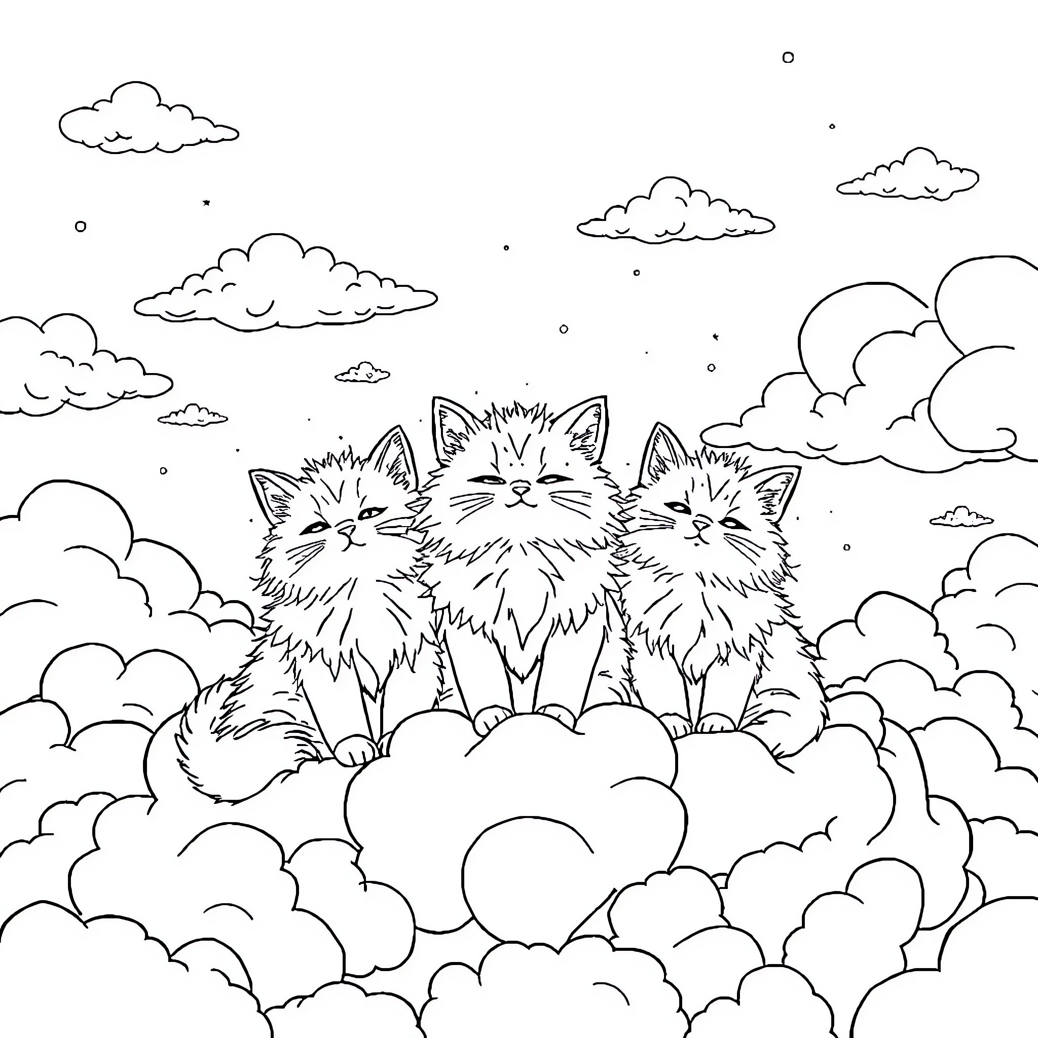 Cats sitting on clouds in the sky Coloring Page (free black-and-white line drawing printable PDF for all, from beginners to advanced learners, including children, teens, adults, and seniors)