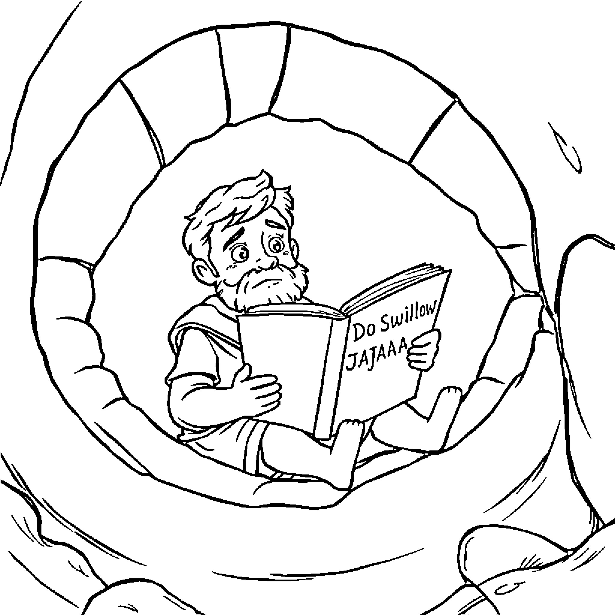 Jonah reading a book in a cave Coloring Page (free black-and-white line drawing printable PDF for all, from beginners to advanced learners, including children, teens, adults, and seniors)