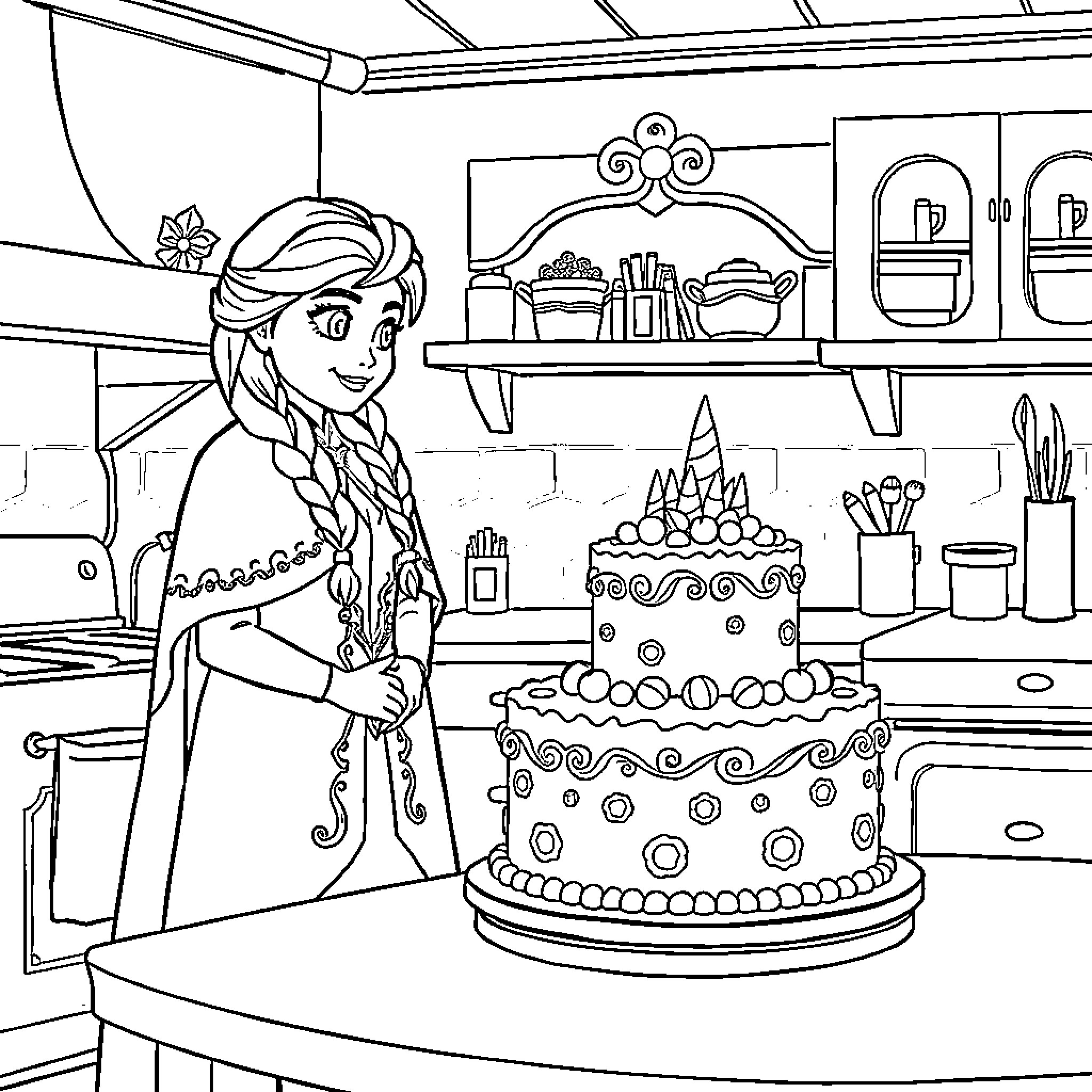 Anna and Elsa baking a special birthday cake together Coloring Page (free black-and-white line drawing printable PDF for all, from beginners to advanced learners, including children, teens, adults, and seniors)