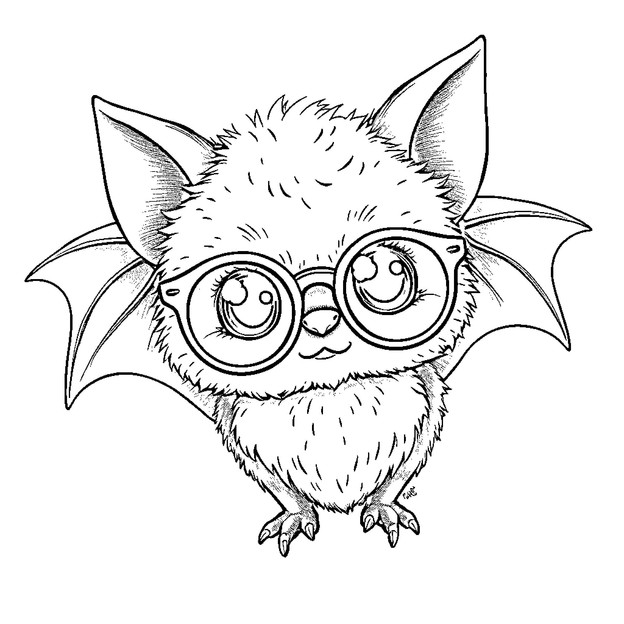 Bat with big eyes and fuzzy body Coloring Page (free black-and-white line drawing printable PDF for all, from beginners to advanced learners, including children, teens, adults, and seniors)