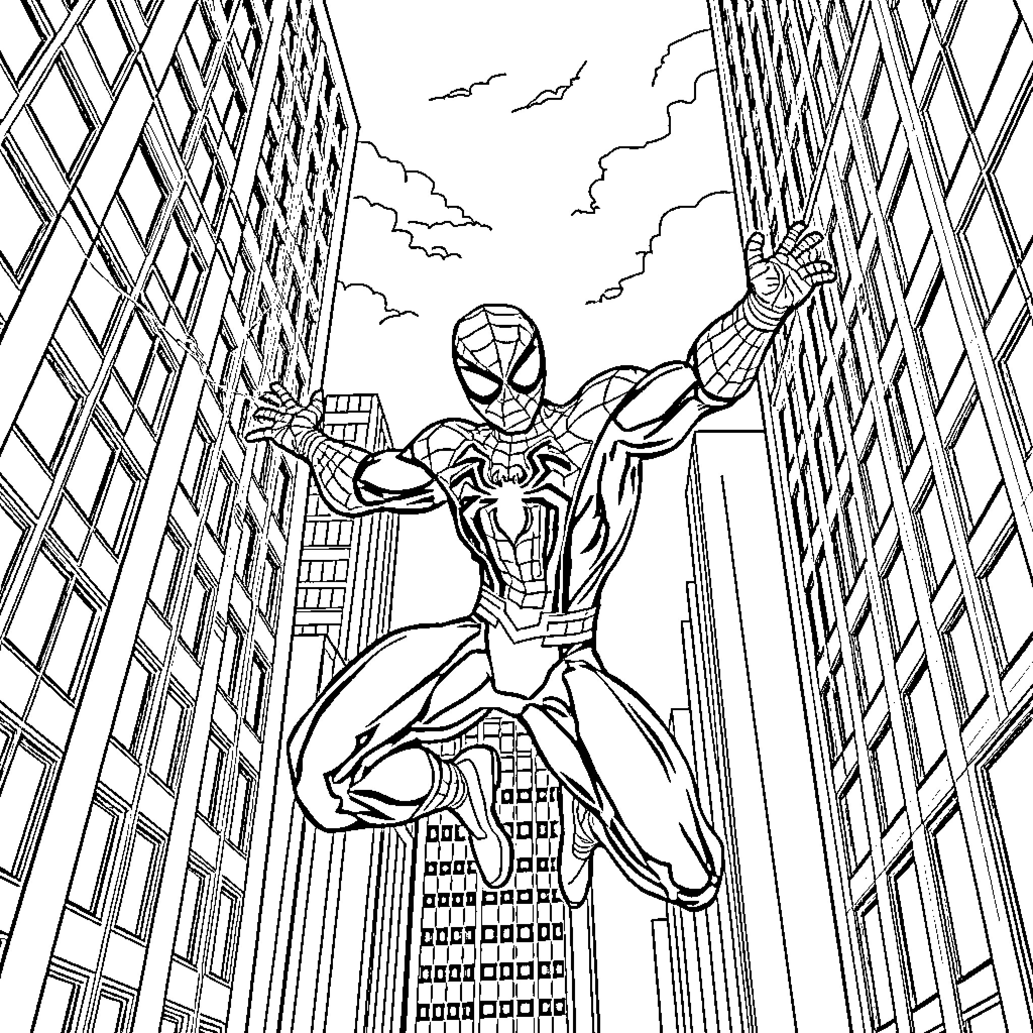 Spiderman leaping through skyscrapers in a heroic pose Coloring Page (free black-and-white line drawing printable PDF for all, from beginners to advanced learners, including children, teens, adults, and seniors)