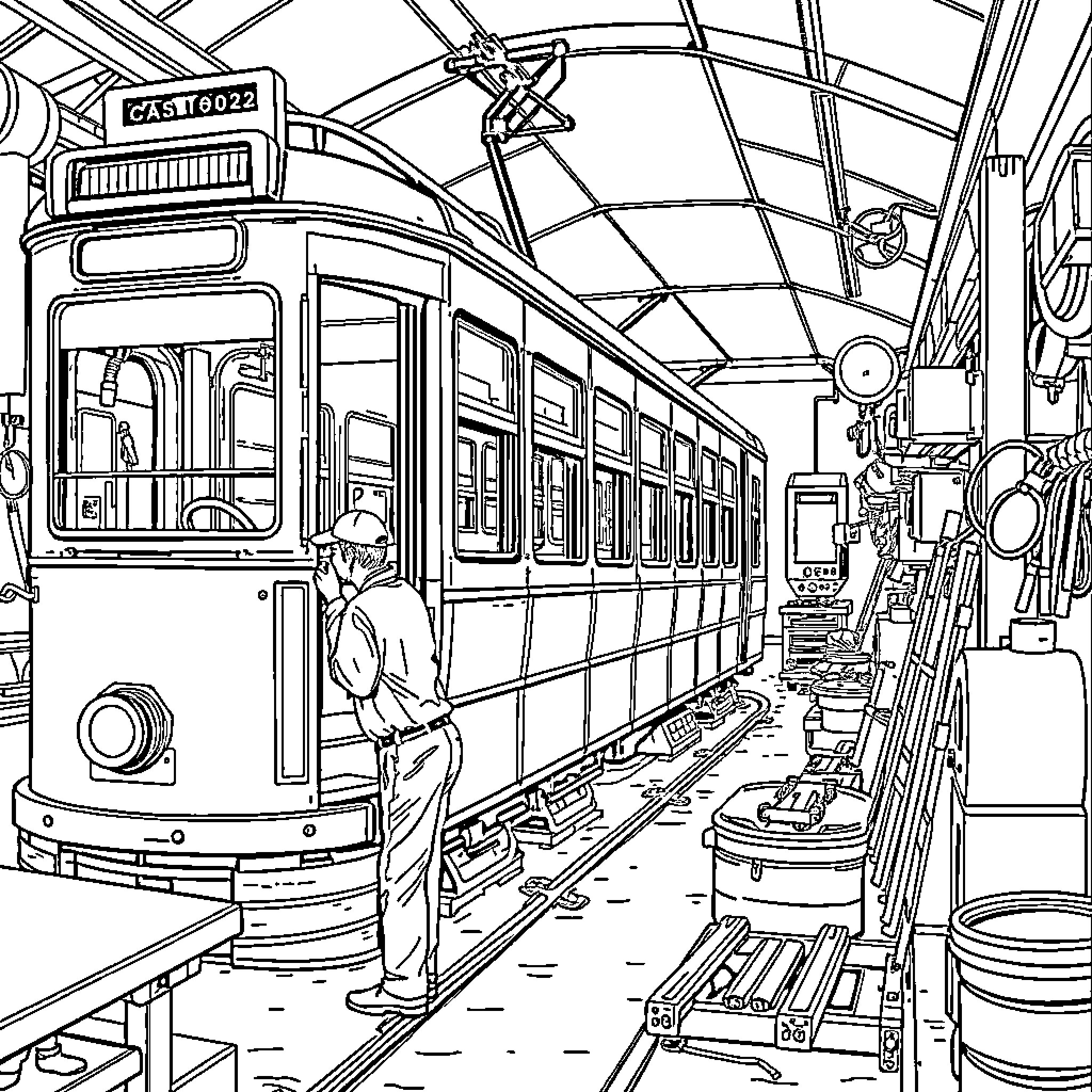 Tram at the maintenance depot with workers Coloring Page (free black-and-white line drawing printable PDF for all, from beginners to advanced learners, including children, teens, adults, and seniors)