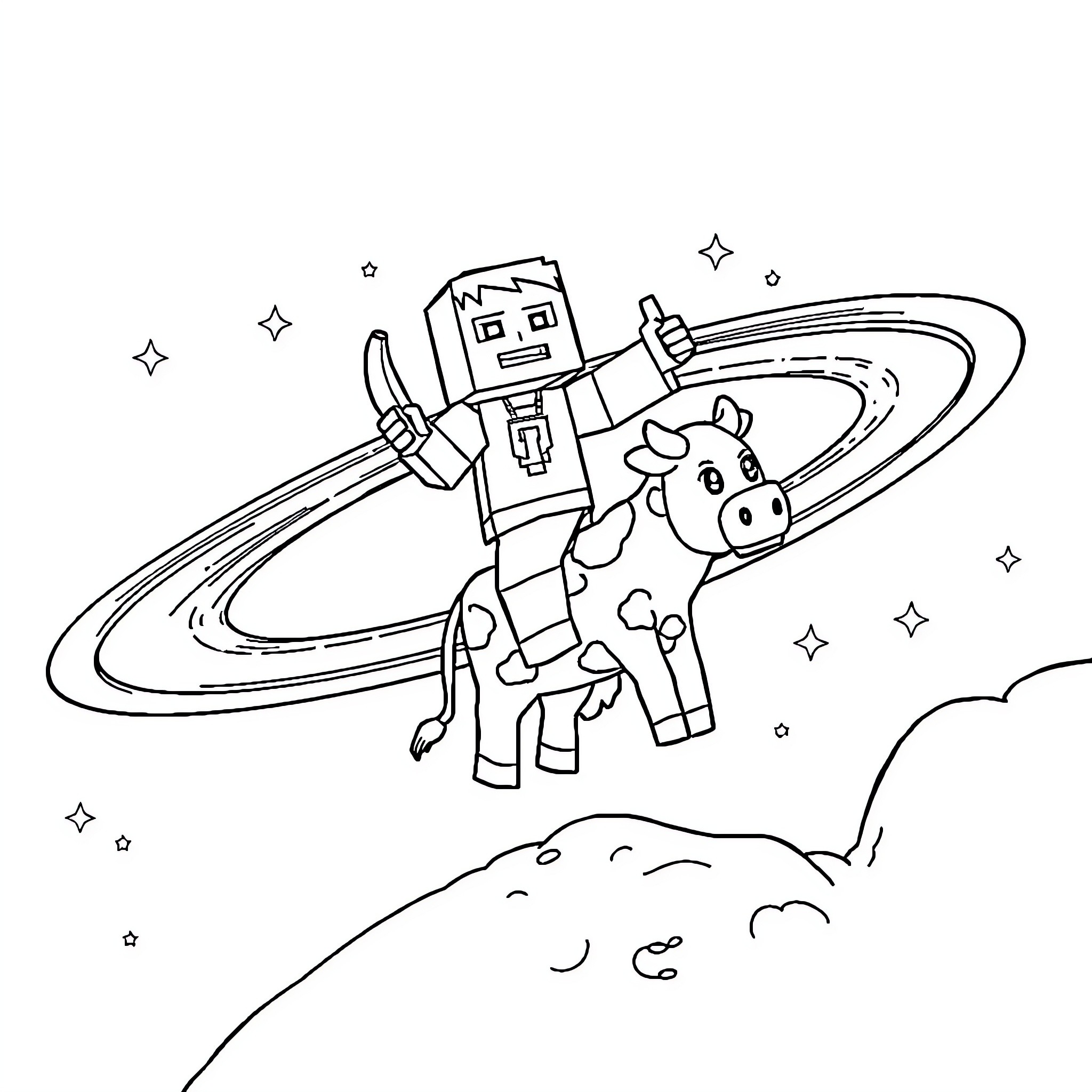 Minecraft Character riding a magical unicorn through the cosmos Coloring Page (free black-and-white line drawing printable PDF for all, from beginners to advanced learners, including children, teens, adults, and seniors)