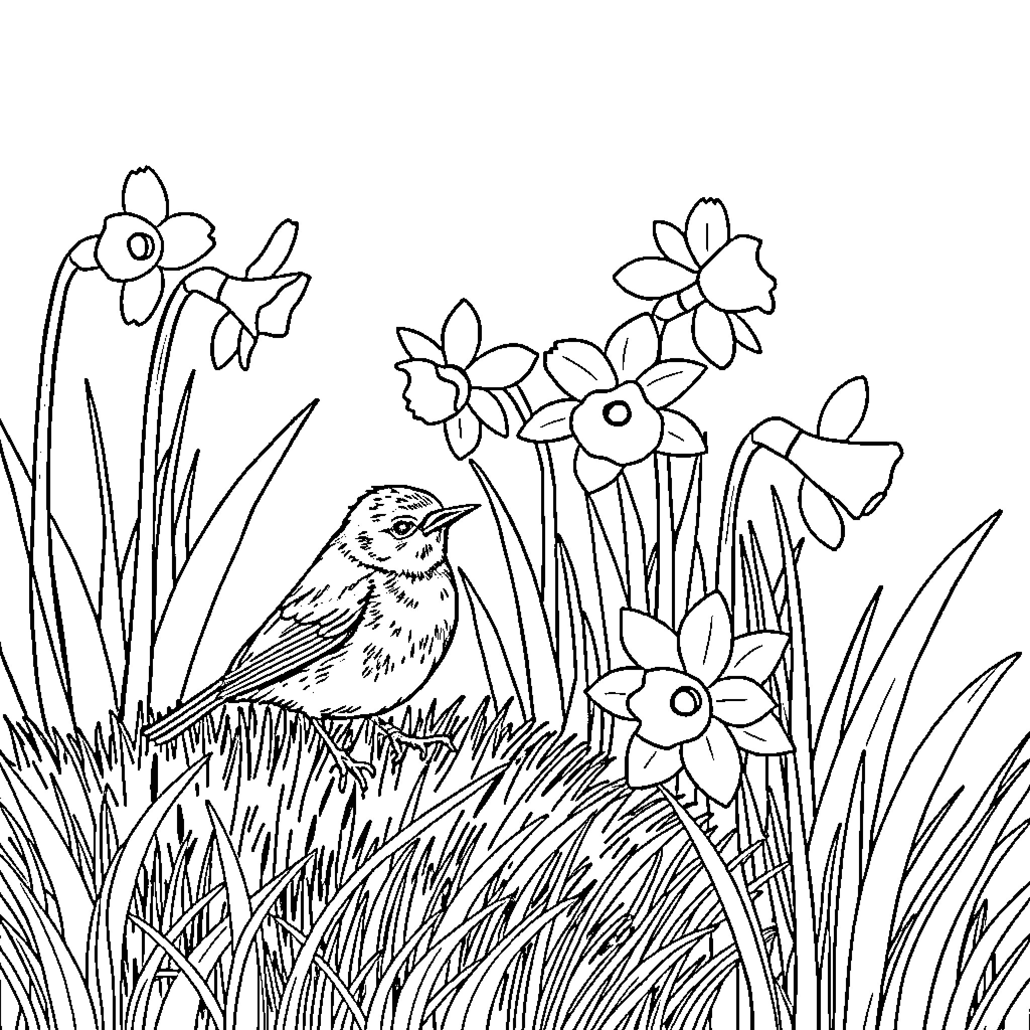Robin enjoying a floral garden with daffodils Coloring Page (free black-and-white line drawing printable PDF for all, from beginners to advanced learners, including children, teens, adults, and seniors)
