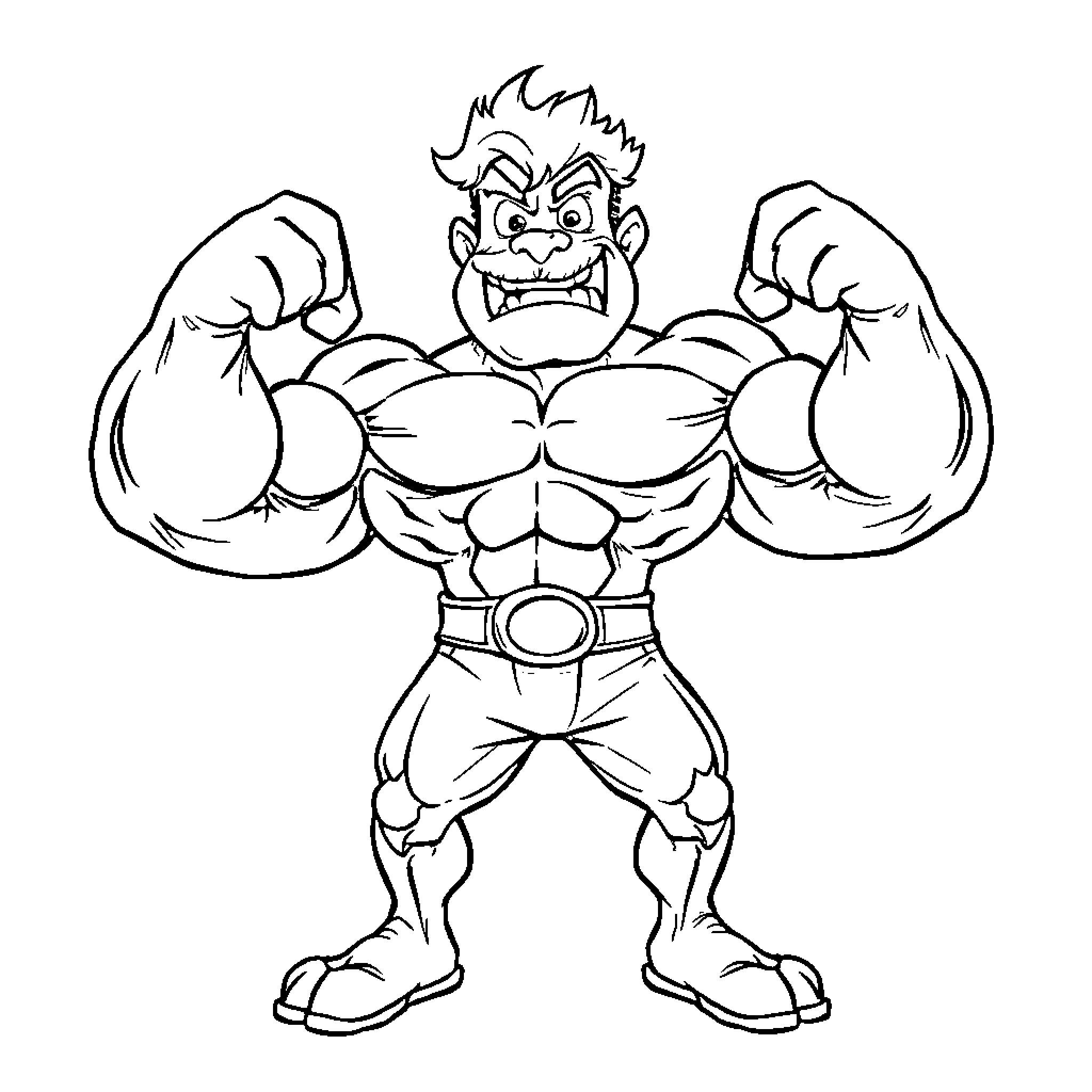 Alphabet Muscular Cartoon Character Flexing Coloring Page (free black-and-white line drawing printable PDF for all, from beginners to advanced learners, including children, teens, adults, and seniors)