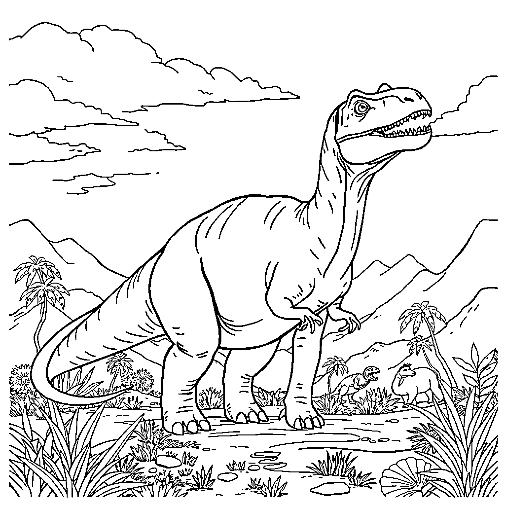 Dinosaur exploring prehistoric landscape Coloring Page (free black-and-white line drawing printable PDF for all, from beginners to advanced learners, including children, teens, adults, and seniors)