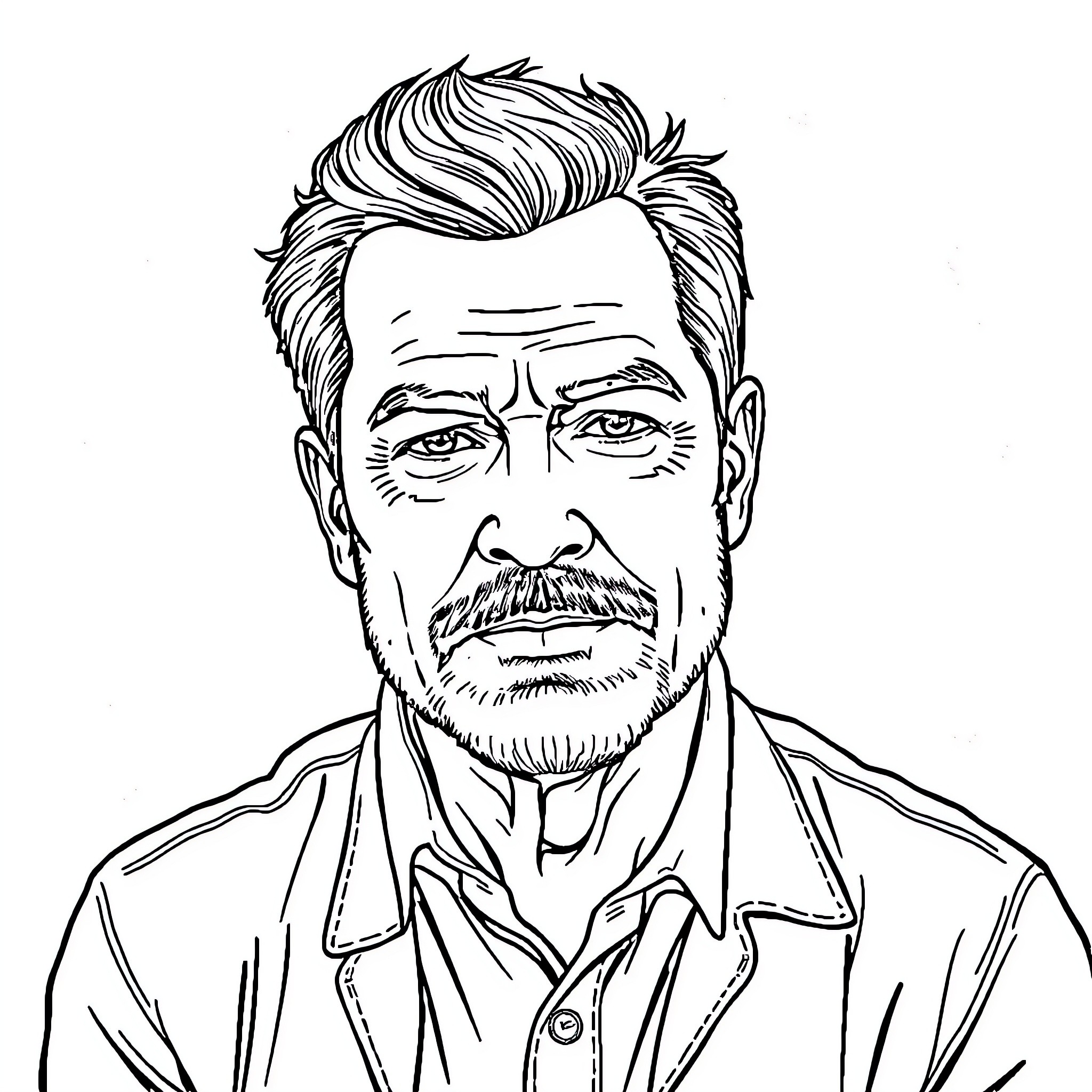Adult man with serious expression and facial hair Coloring Page (free black-and-white line drawing printable PDF for all, from beginners to advanced learners, including children, teens, adults, and seniors)