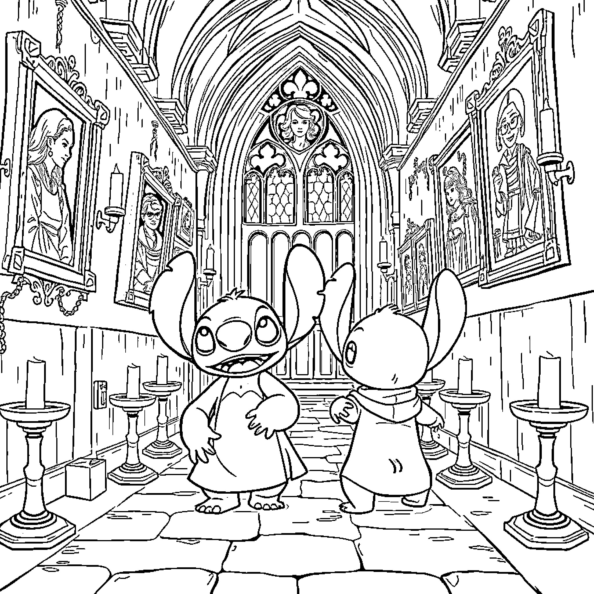 Lilo and Stitch's Adventurous Exploration of a Gothic Cathedral Coloring Page (free black-and-white line drawing printable PDF for all, from beginners to advanced learners, including children, teens, adults, and seniors)