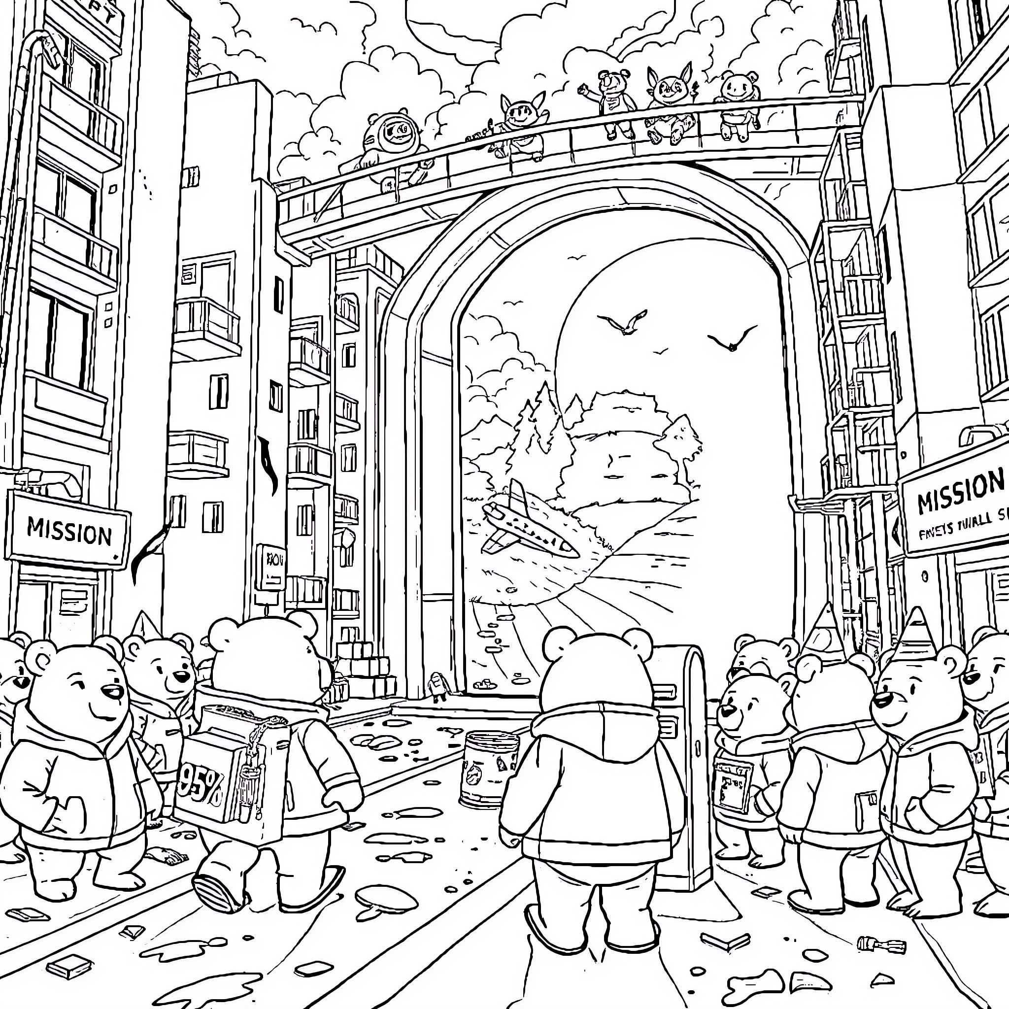Bears enjoying the cityscape and natural scenery Coloring Page (free black-and-white line drawing printable PDF for all, from beginners to advanced learners, including children, teens, adults, and seniors)