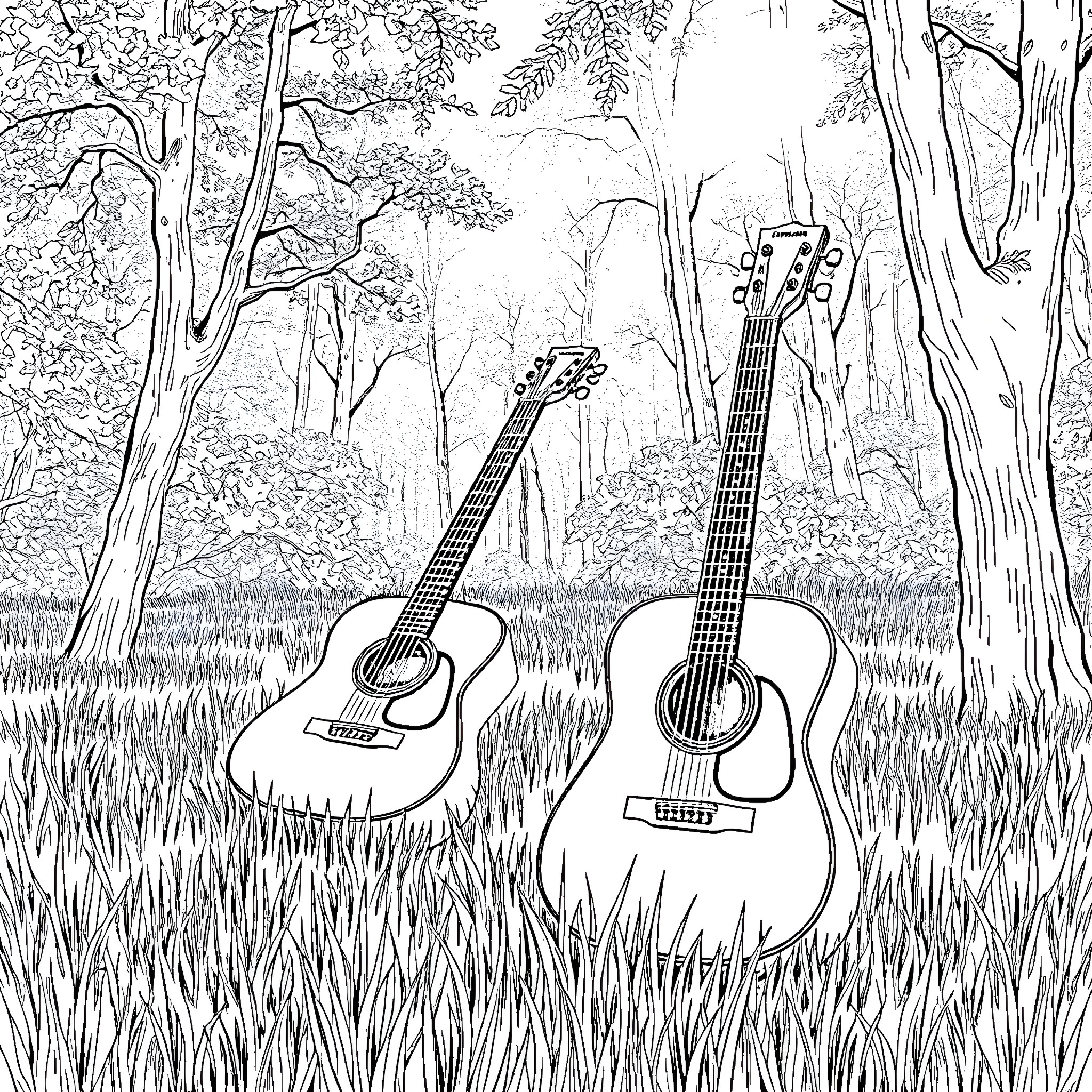 Guitar duo resting in peaceful forest Coloring Page (free black-and-white line drawing printable PDF for all, from beginners to advanced learners, including children, teens, adults, and seniors)