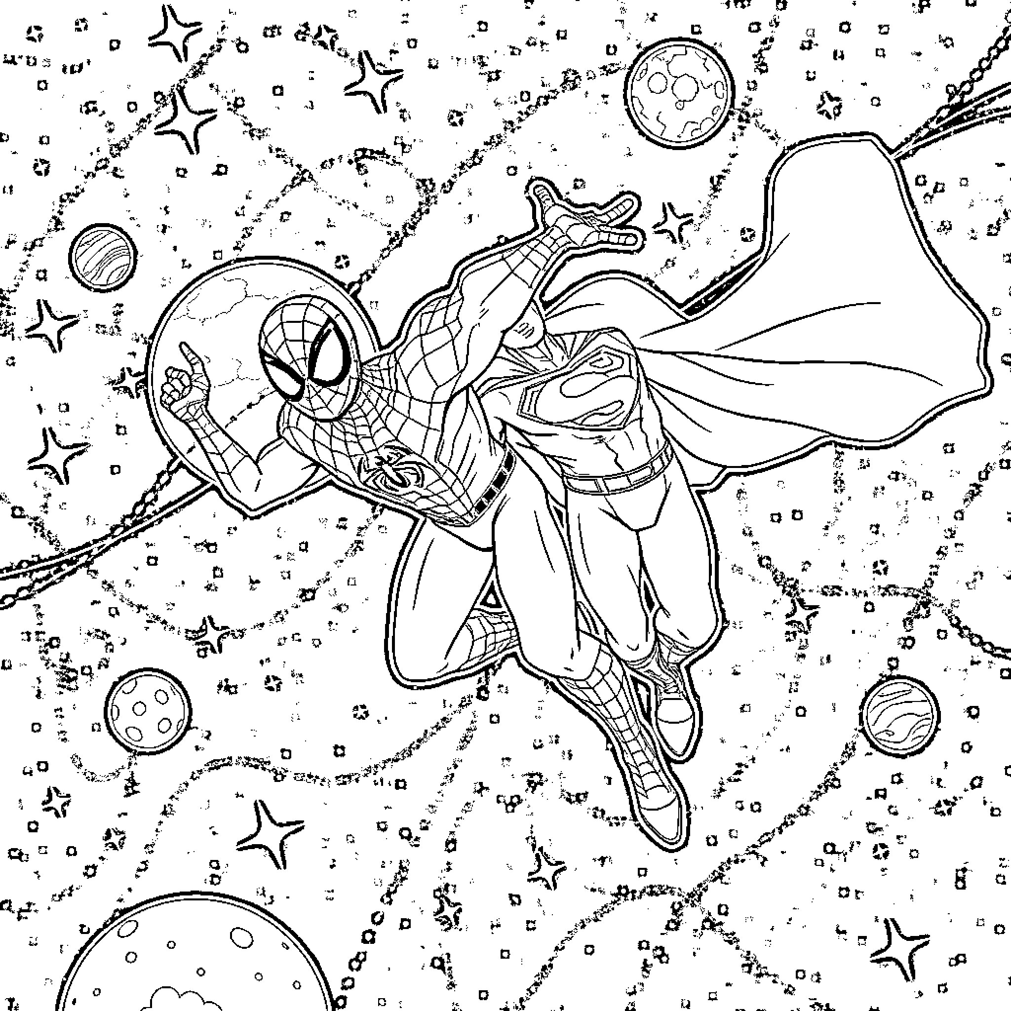 Spider-Man exploring the cosmic universe Coloring Page (free black-and-white line drawing printable PDF for all, from beginners to advanced learners, including children, teens, adults, and seniors)