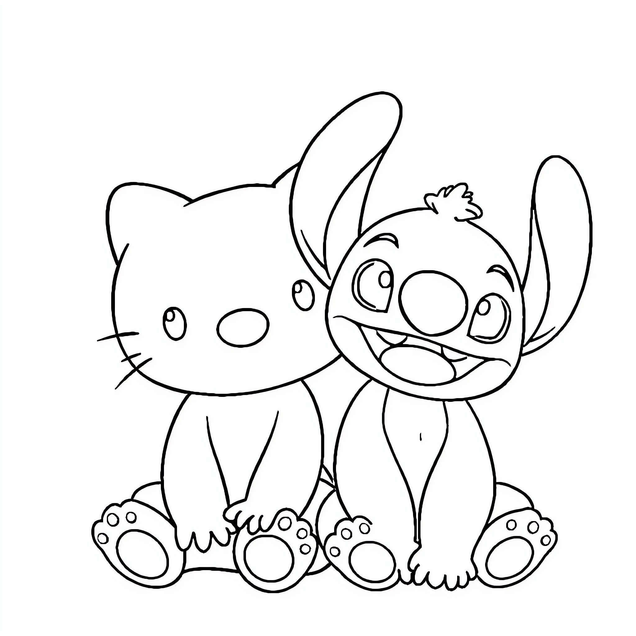 Hello Kitty and Stitch playing together Coloring Page (free black-and-white line drawing printable PDF for all, from beginners to advanced learners, including children, teens, adults, and seniors)