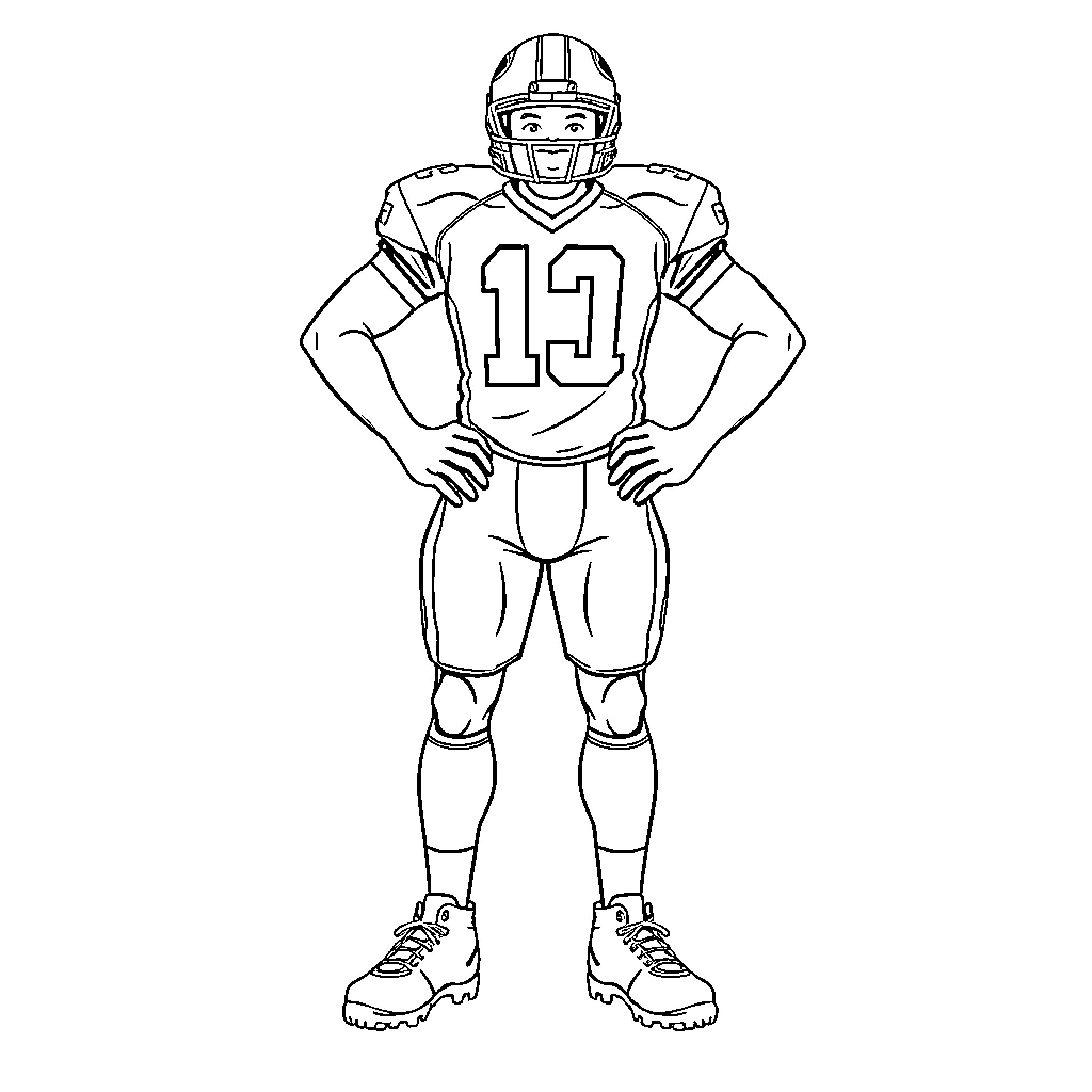Football Player in Uniform Posing Confidently Coloring Page (free black-and-white line drawing printable PDF for all, from beginners to advanced learners, including children, teens, adults, and seniors)