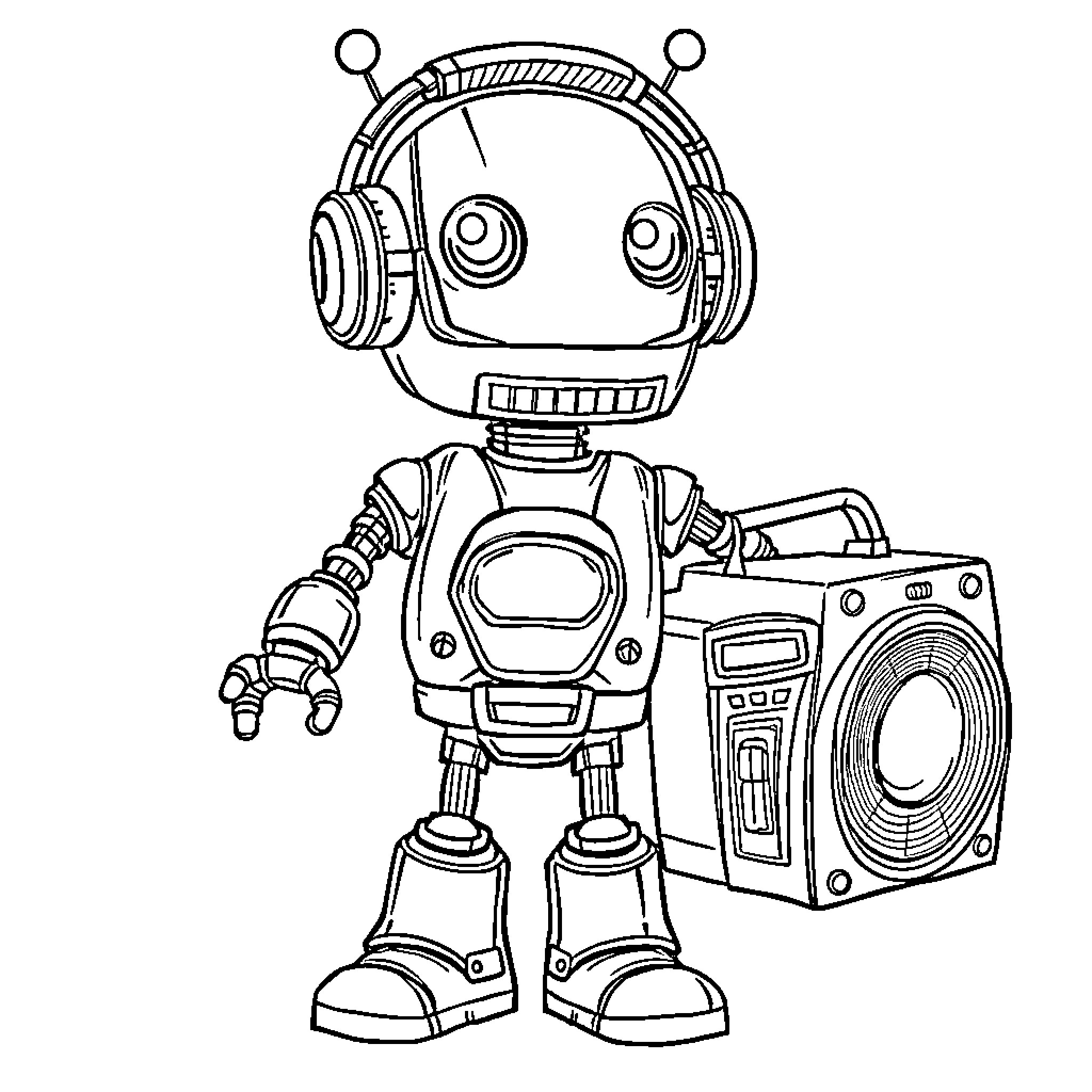 Robot holding a music speaker Coloring Page (free black-and-white line drawing printable PDF for all, from beginners to advanced learners, including children, teens, adults, and seniors)