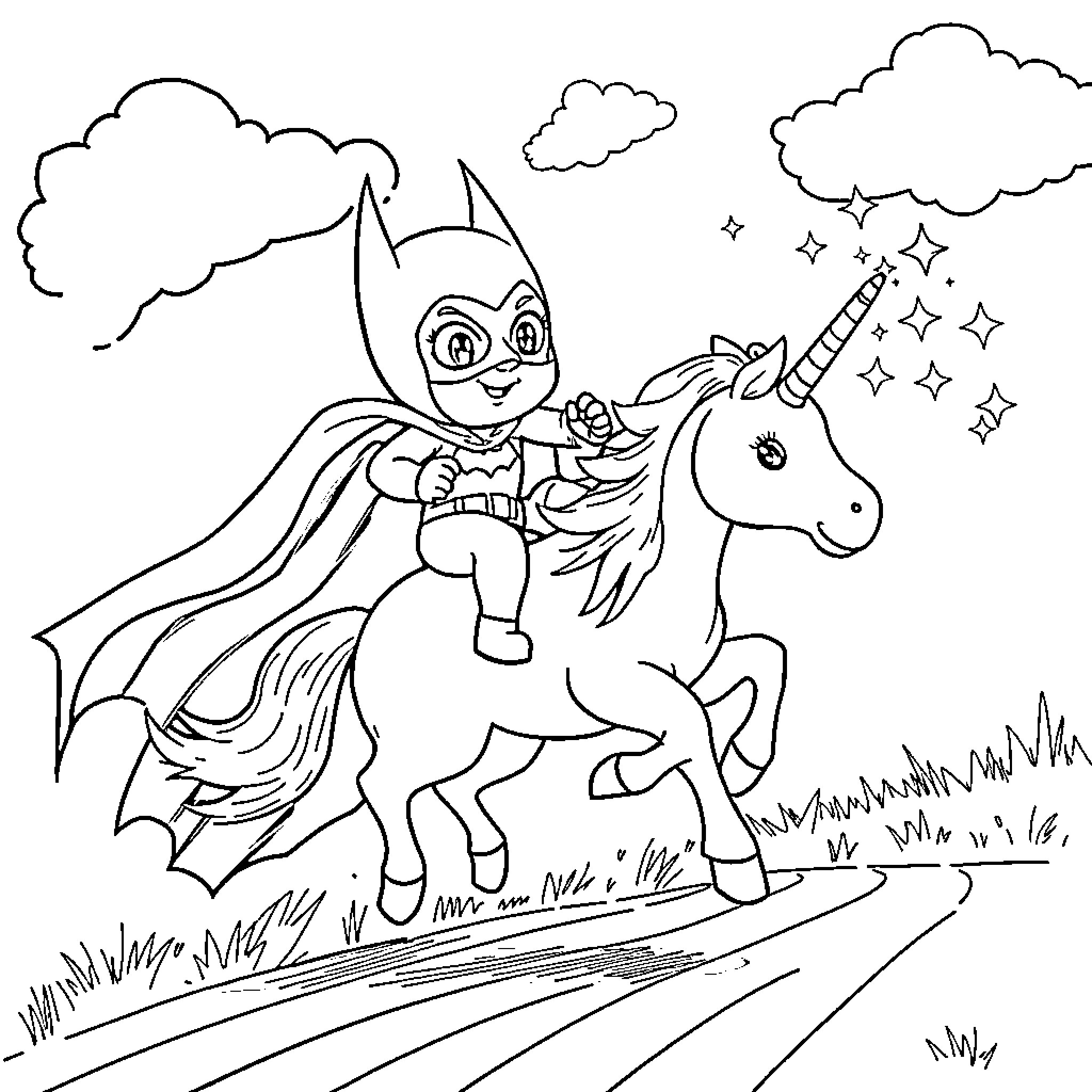 Batman riding a magical unicorn through the clouds Coloring Page (free black-and-white line drawing printable PDF for all, from beginners to advanced learners, including children, teens, adults, and seniors)