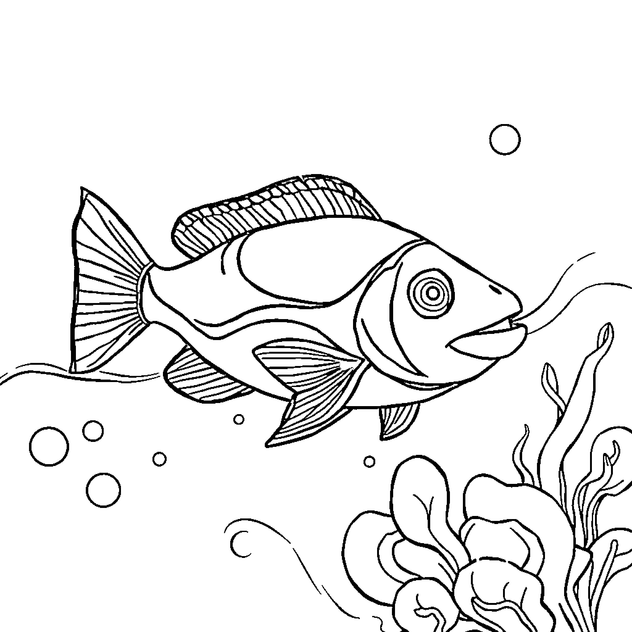 Axolotl swimming in an underwater scene Coloring Page (free black-and-white line drawing printable PDF for all, from beginners to advanced learners, including children, teens, adults, and seniors)
