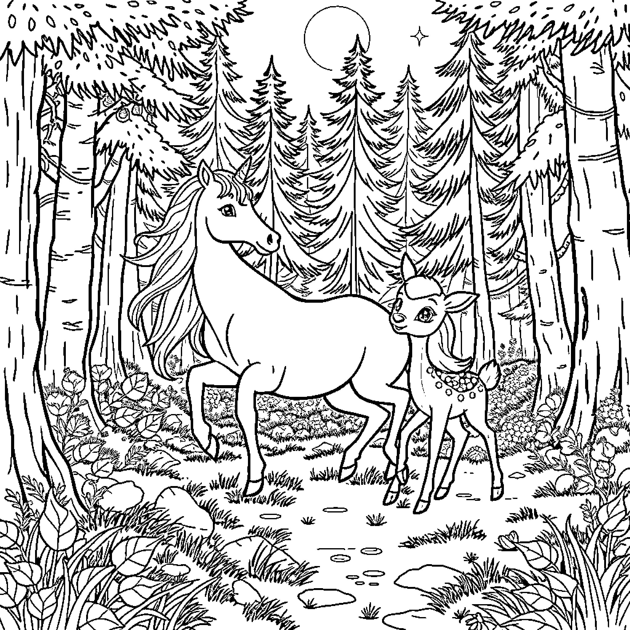 Unicorn and Fawn Exploring the Forest Coloring Page (free black-and-white line drawing printable PDF for all, from beginners to advanced learners, including children, teens, adults, and seniors)