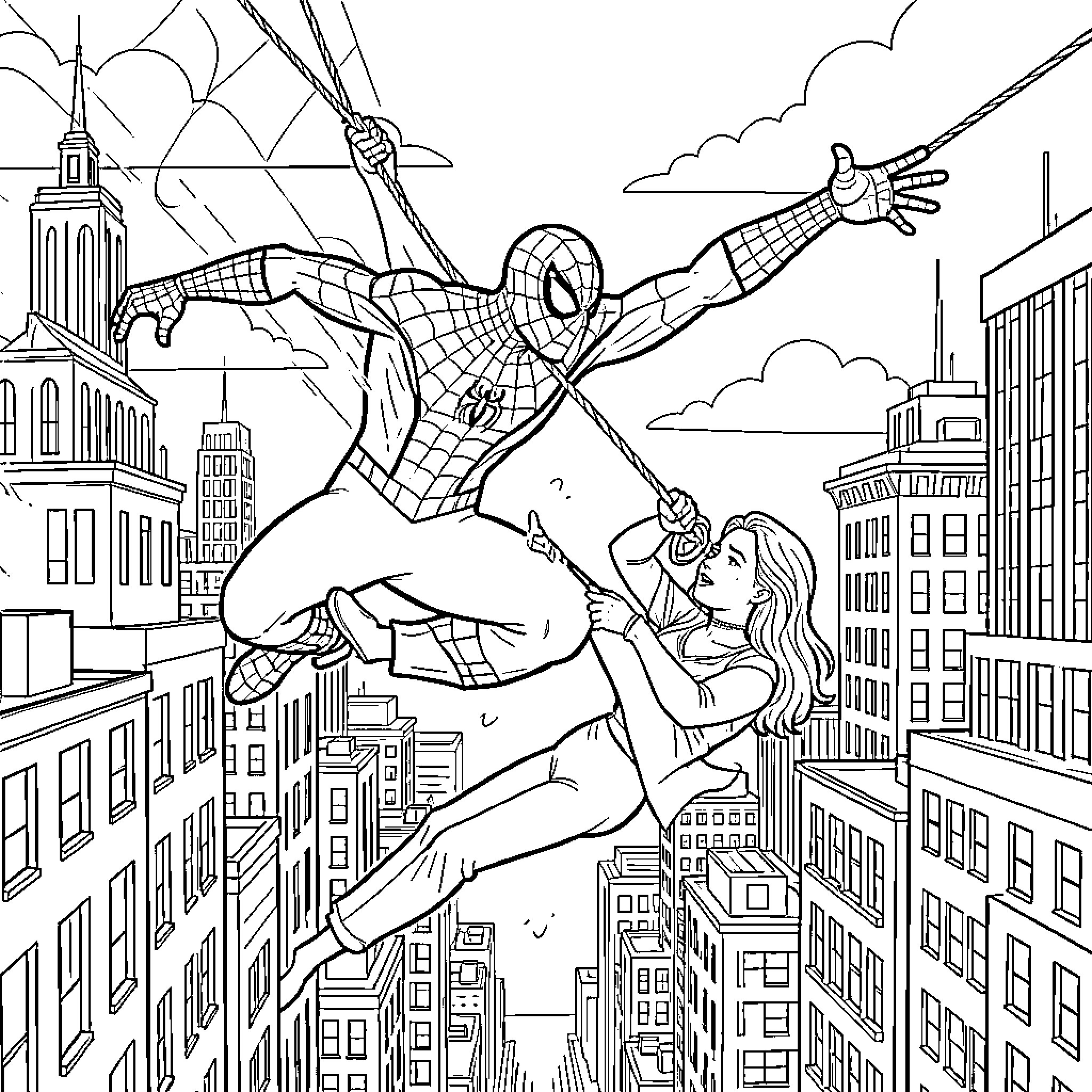 Spider-Man swinging through the city while rescuing a woman Coloring Page (free black-and-white line drawing printable PDF for all, from beginners to advanced learners, including children, teens, adults, and seniors)