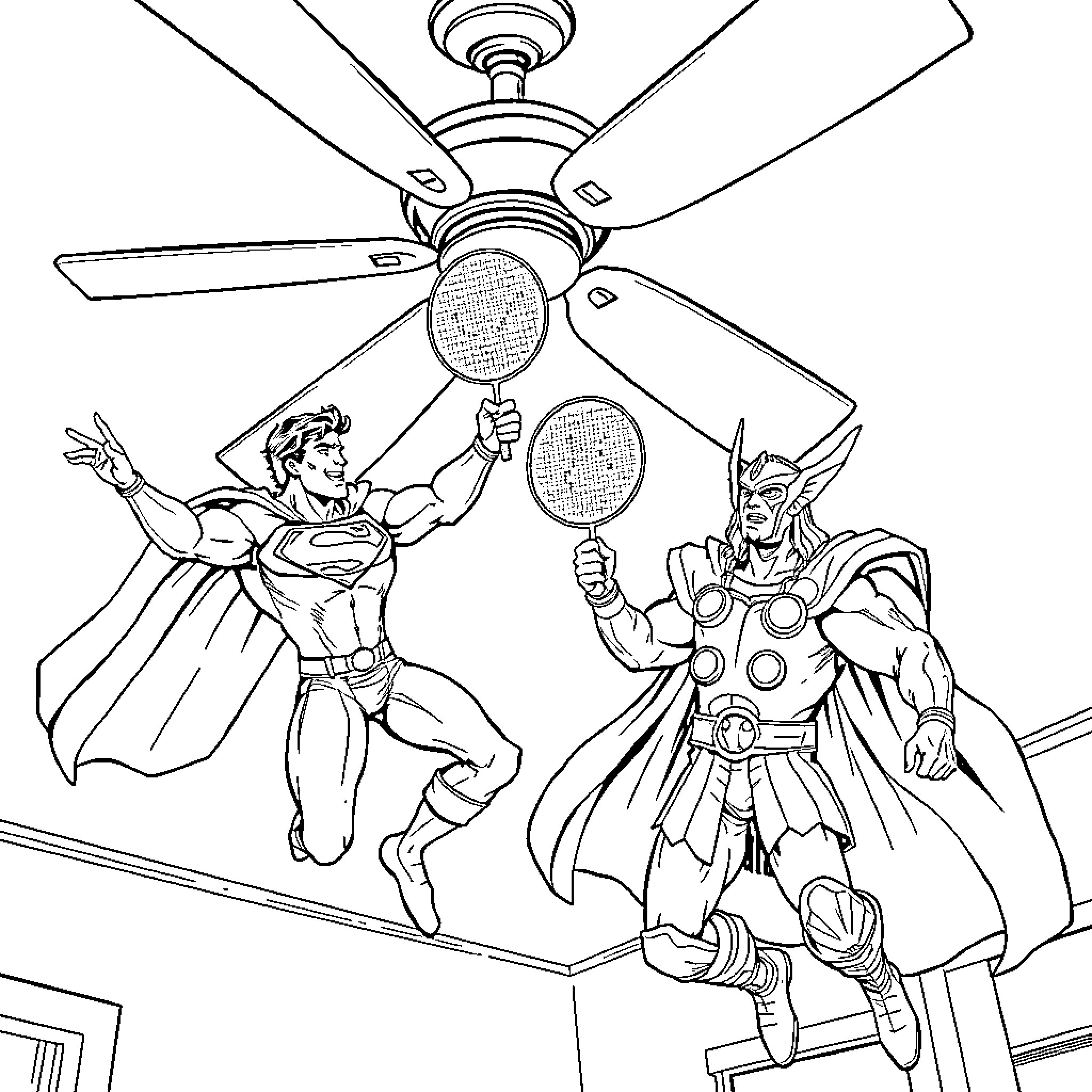 Superman and Thor battle heroically with ceiling fans Coloring Page (free black-and-white line drawing printable PDF for all, from beginners to advanced learners, including children, teens, adults, and seniors)