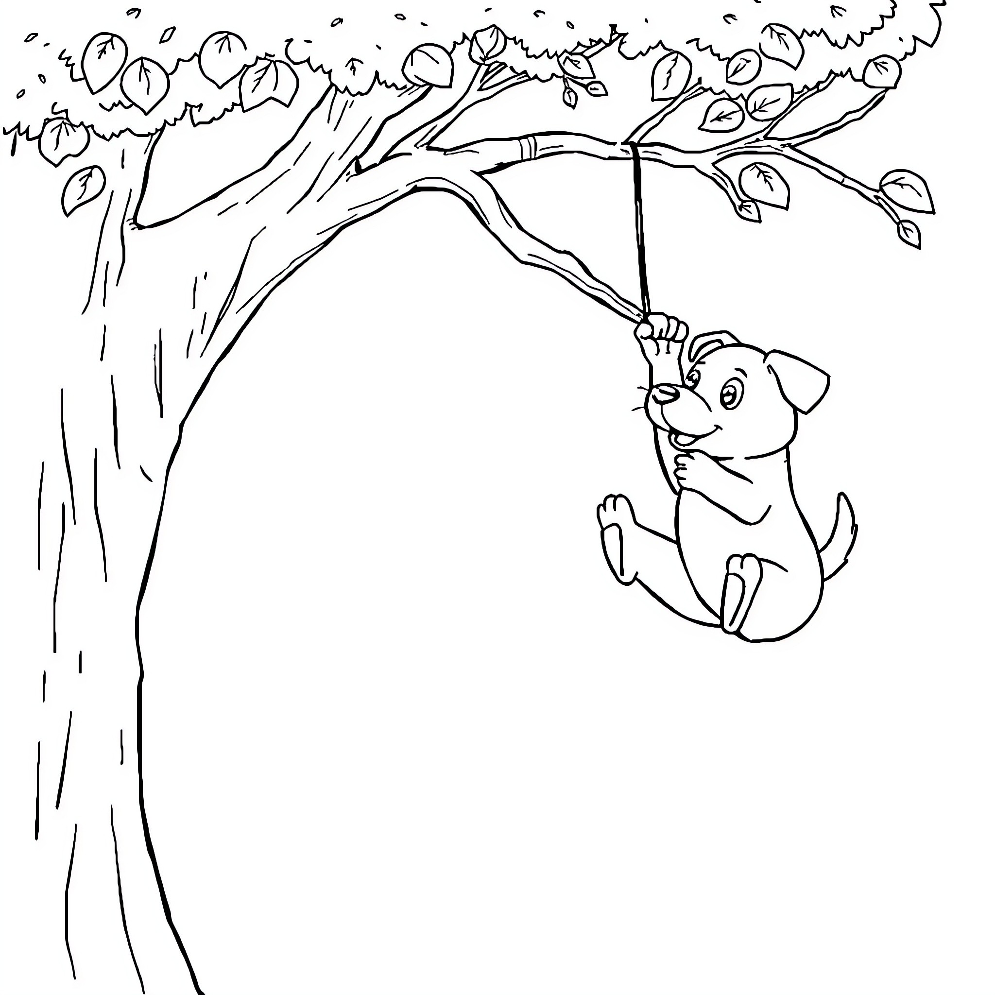 Dog swinging happily on a tree branch Coloring Page (free black-and-white line drawing printable PDF for all, from beginners to advanced learners, including children, teens, adults, and seniors)