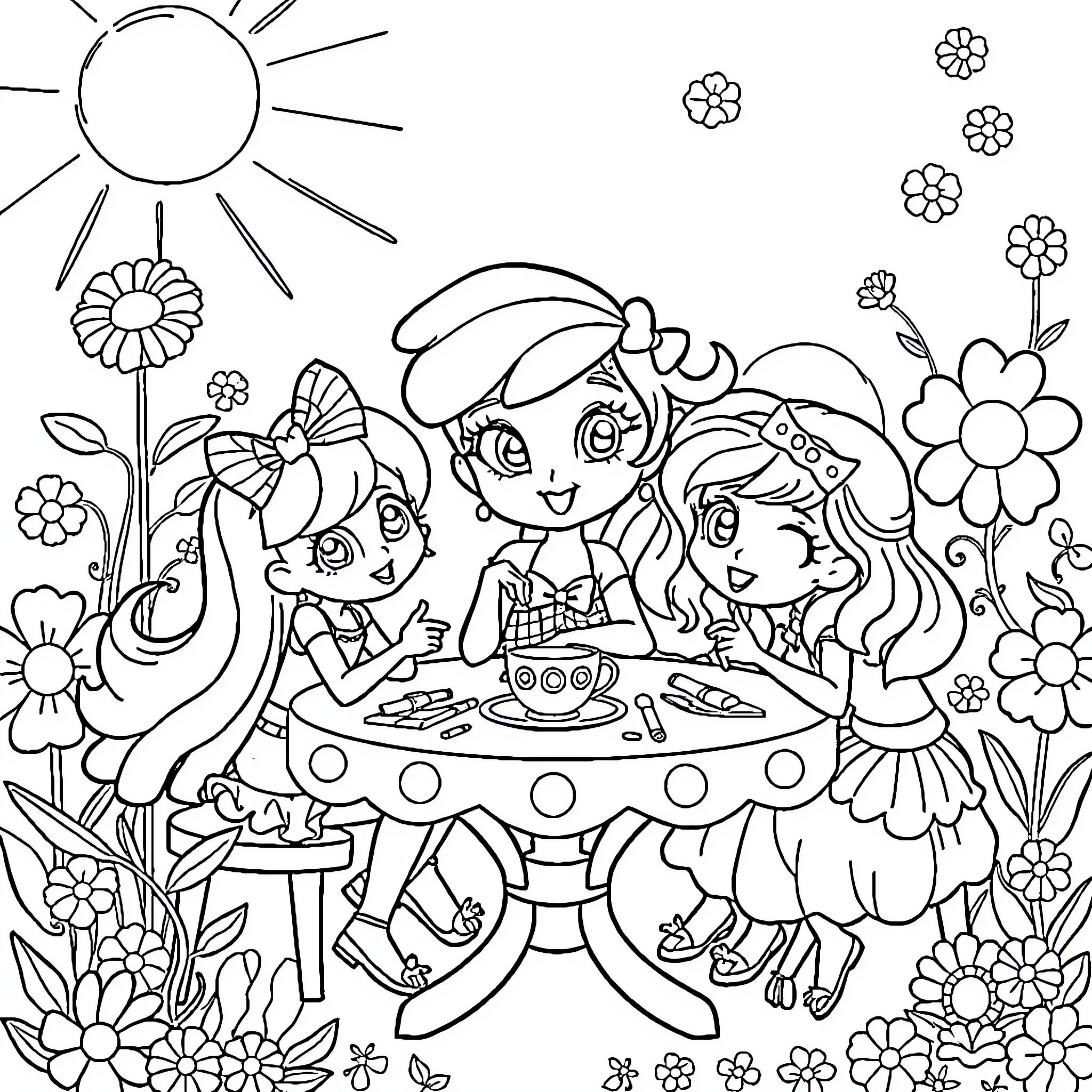 Rainbow Bright Friends Enjoying a Picnic in the Garden Coloring Page (free black-and-white line drawing printable PDF for all, from beginners to advanced learners, including children, teens, adults, and seniors)