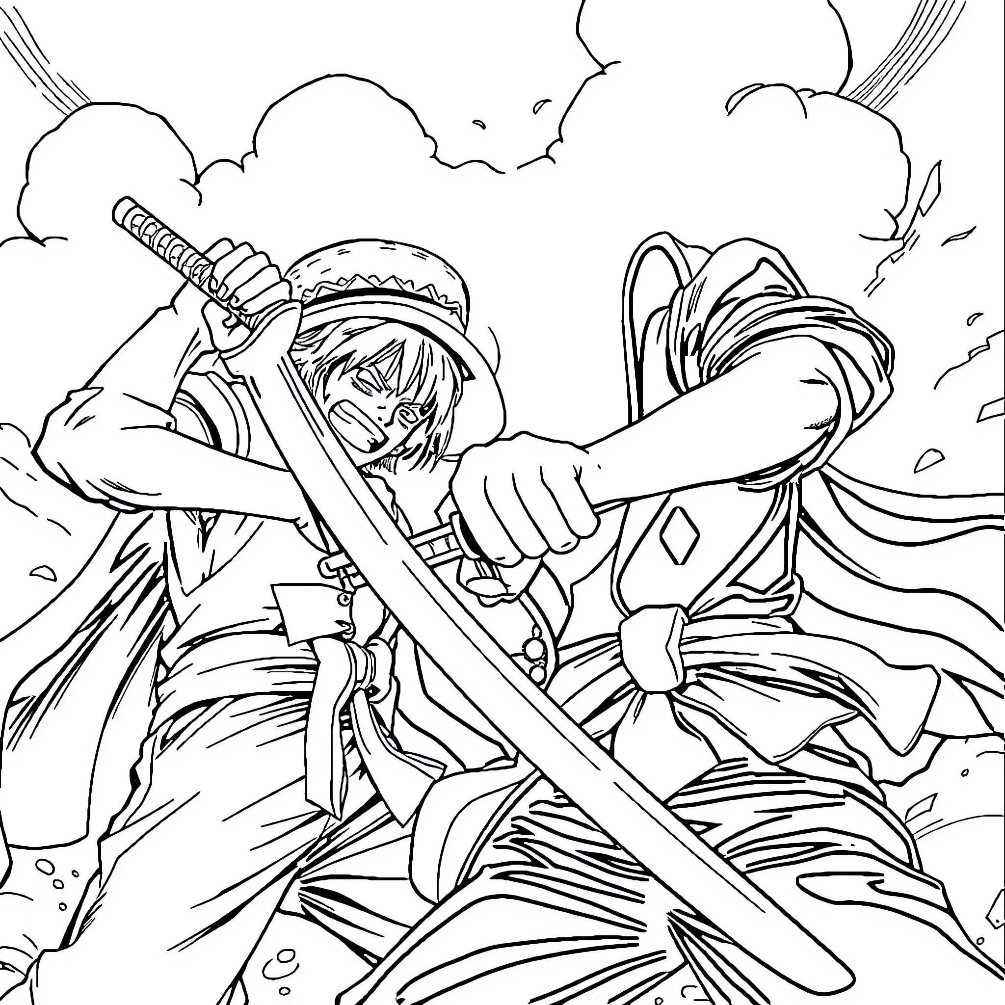 Tanjiro's Fierce Swordsmanship in Action Coloring Page (free black-and-white line drawing printable PDF for all, from beginners to advanced learners, including children, teens, adults, and seniors)