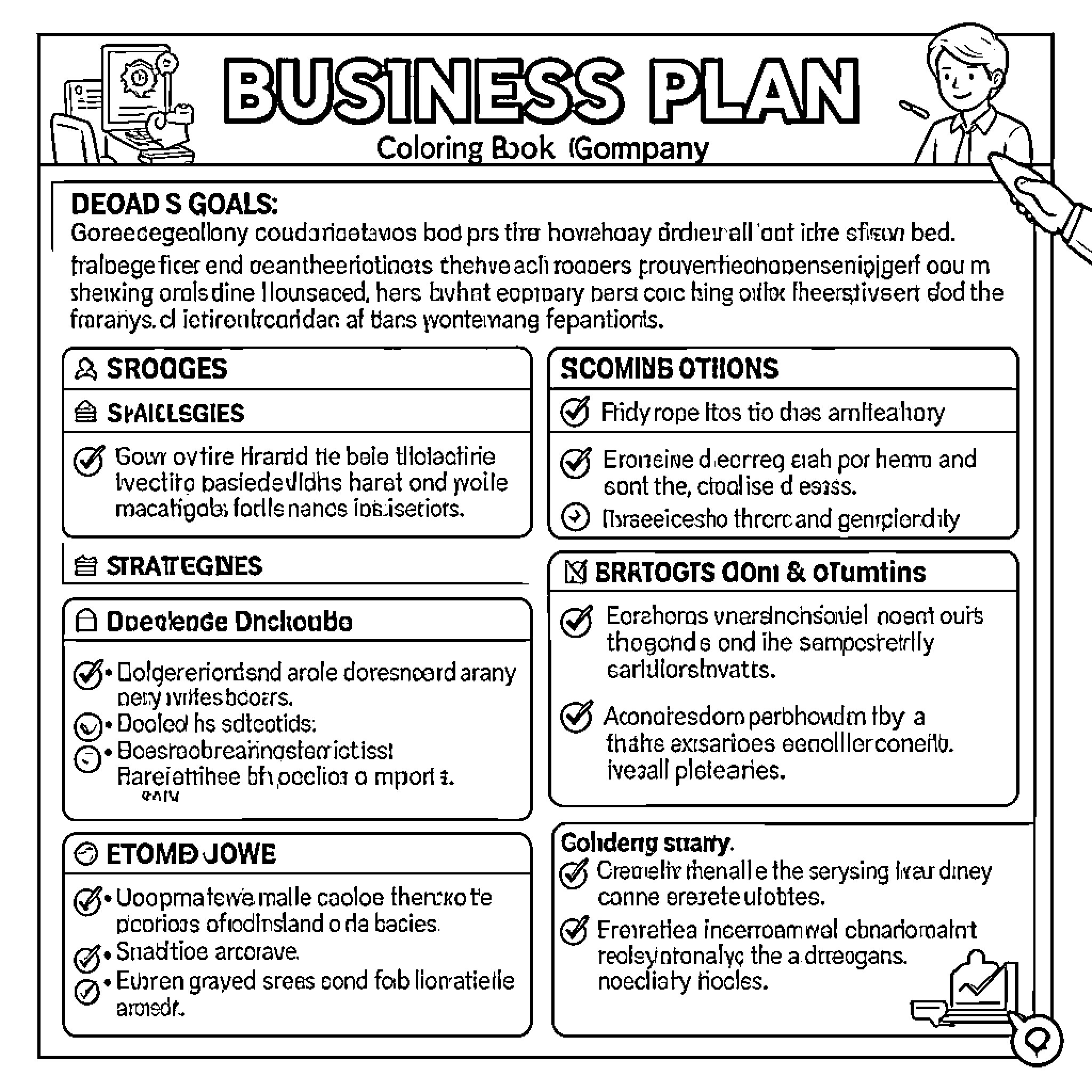 Business Plan featuring text blocks and a character illustration Coloring Page (free black-and-white line drawing printable PDF for all, from beginners to advanced learners, including children, teens, adults, and seniors)