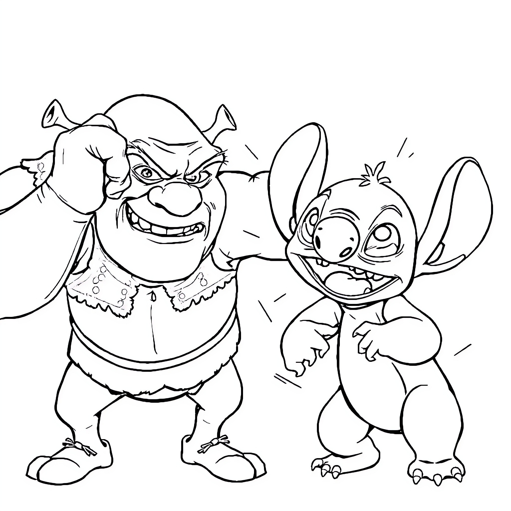 Shrek and Stitch in Mischievous Poses Coloring Page (free black-and-white line drawing printable PDF for all, from beginners to advanced learners, including children, teens, adults, and seniors)
