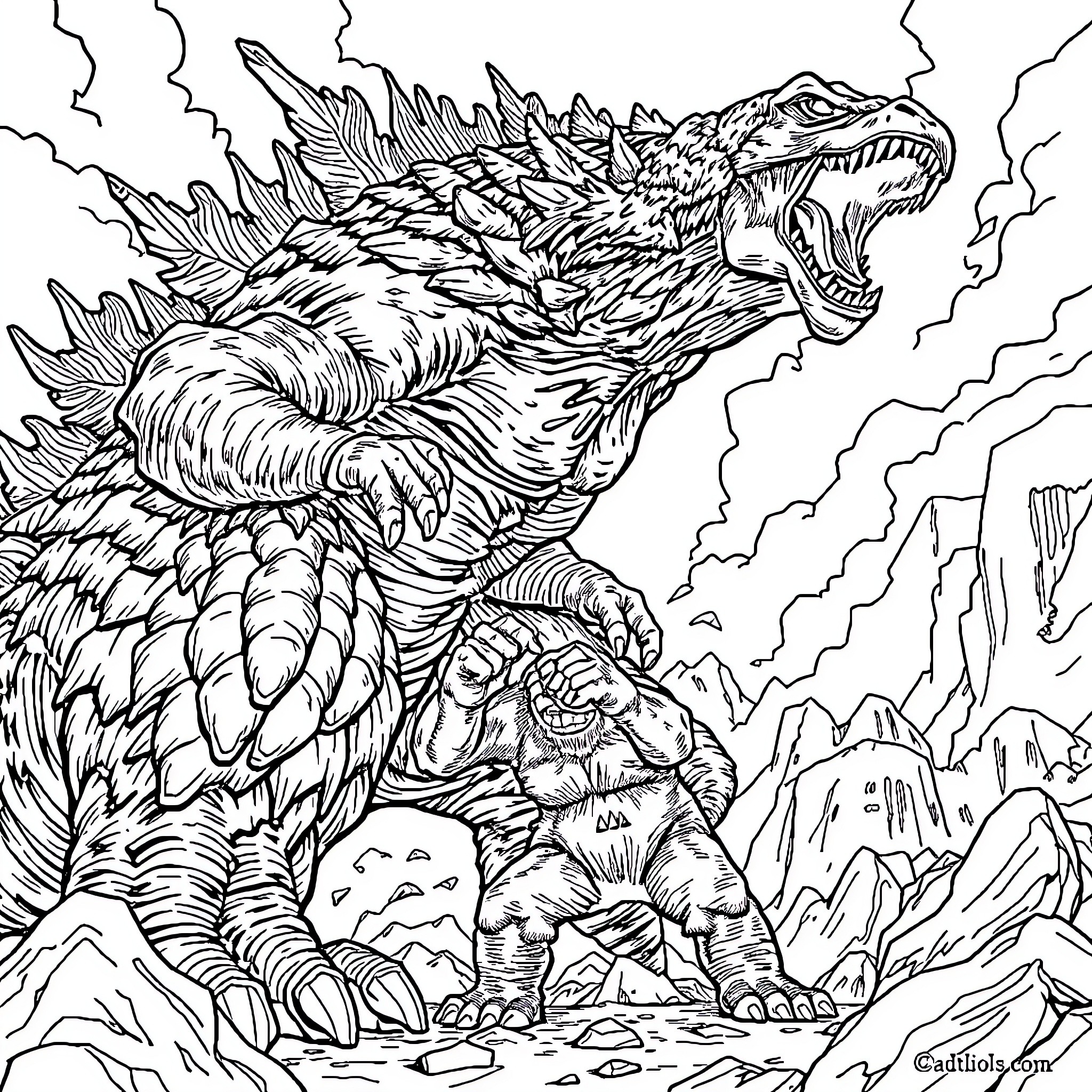 Godzilla-like Creature Unleashing Destruction in Rugged Landscape Coloring Page (free black-and-white line drawing printable PDF for all, from beginners to advanced learners, including children, teens, adults, and seniors)