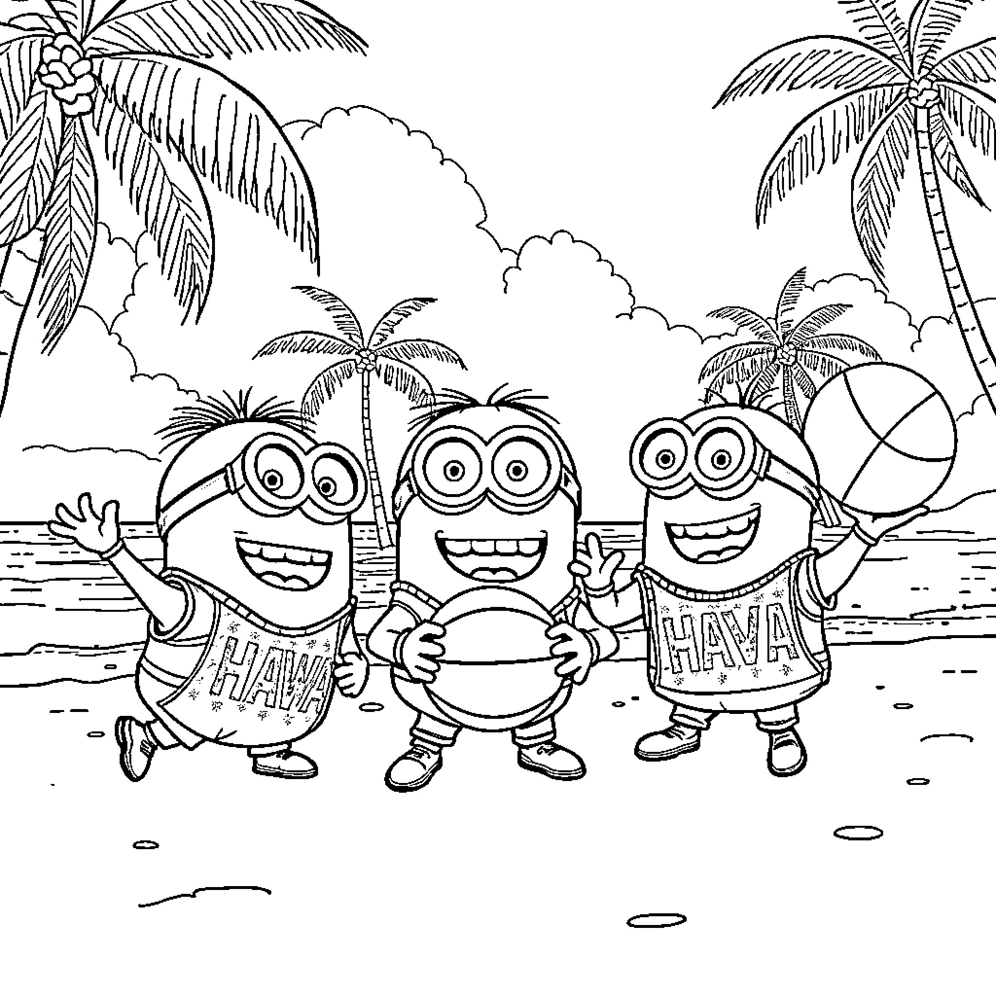Minions enjoying a sunny day at the beach Coloring Page (free black-and-white line drawing printable PDF for all, from beginners to advanced learners, including children, teens, adults, and seniors)
