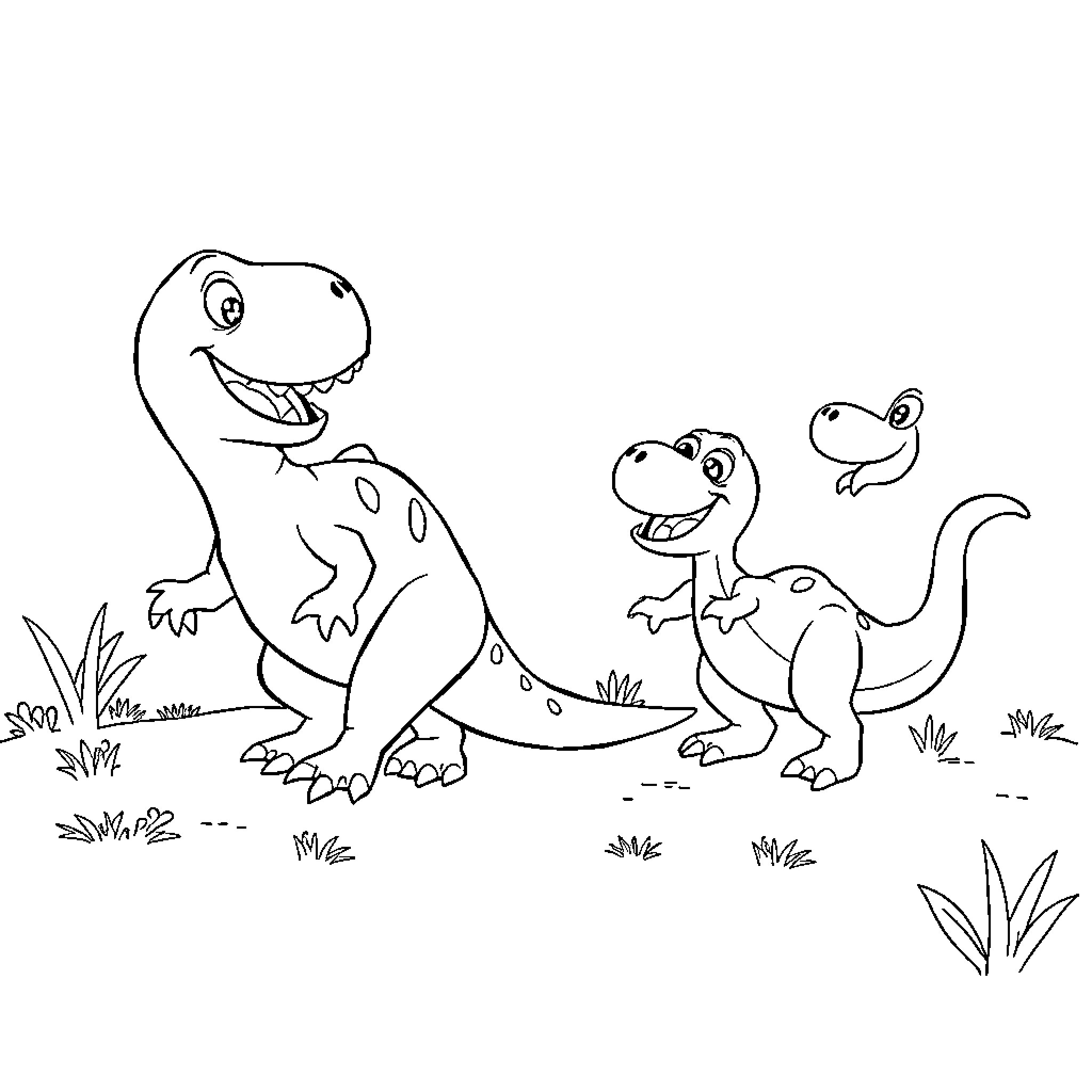Dinosaurs playing in the park Coloring Page (free black-and-white line drawing printable PDF for all, from beginners to advanced learners, including children, teens, adults, and seniors)