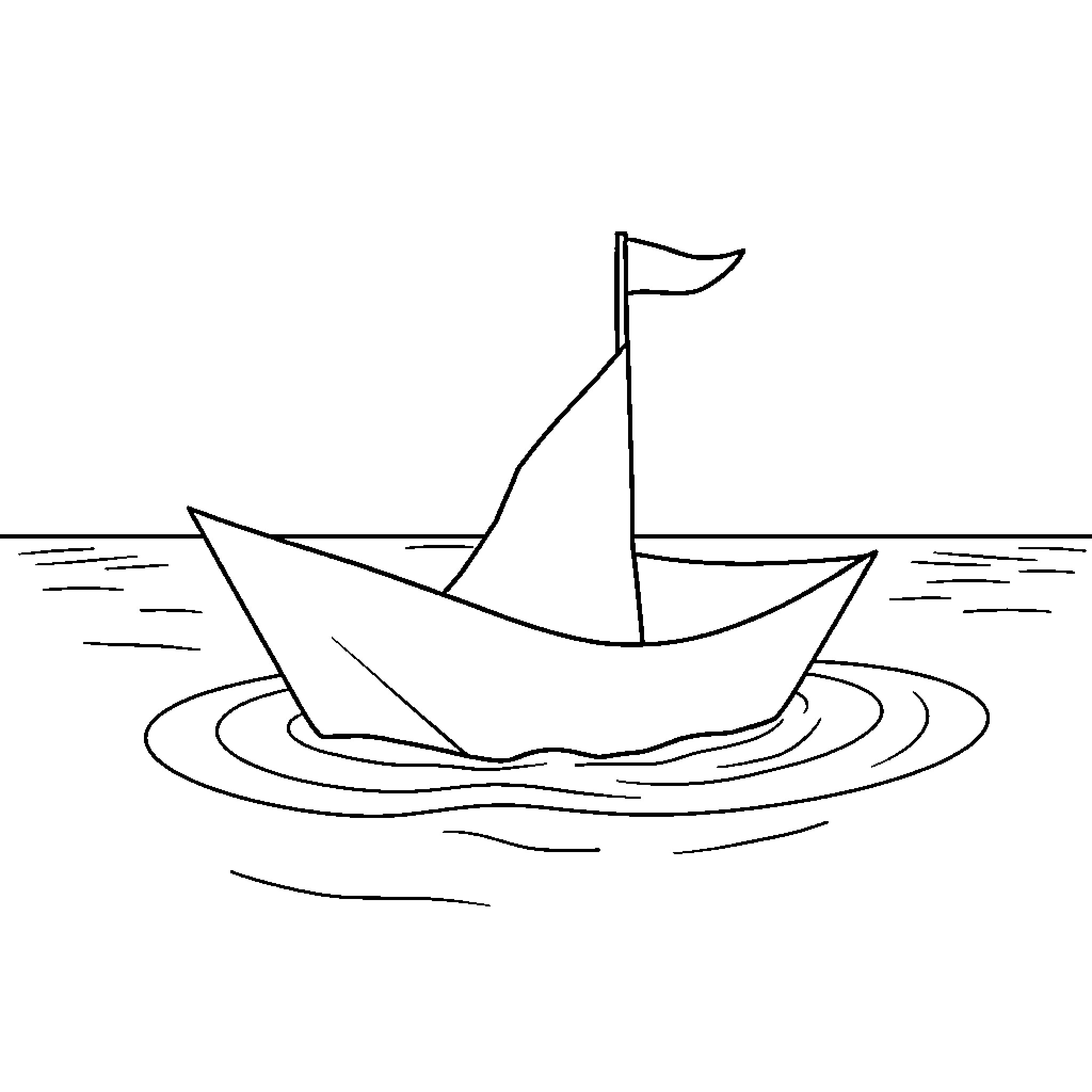 Paper Boat Sailing on Calm Waters Coloring Page (free black-and-white line drawing printable PDF for all, from beginners to advanced learners, including children, teens, adults, and seniors)