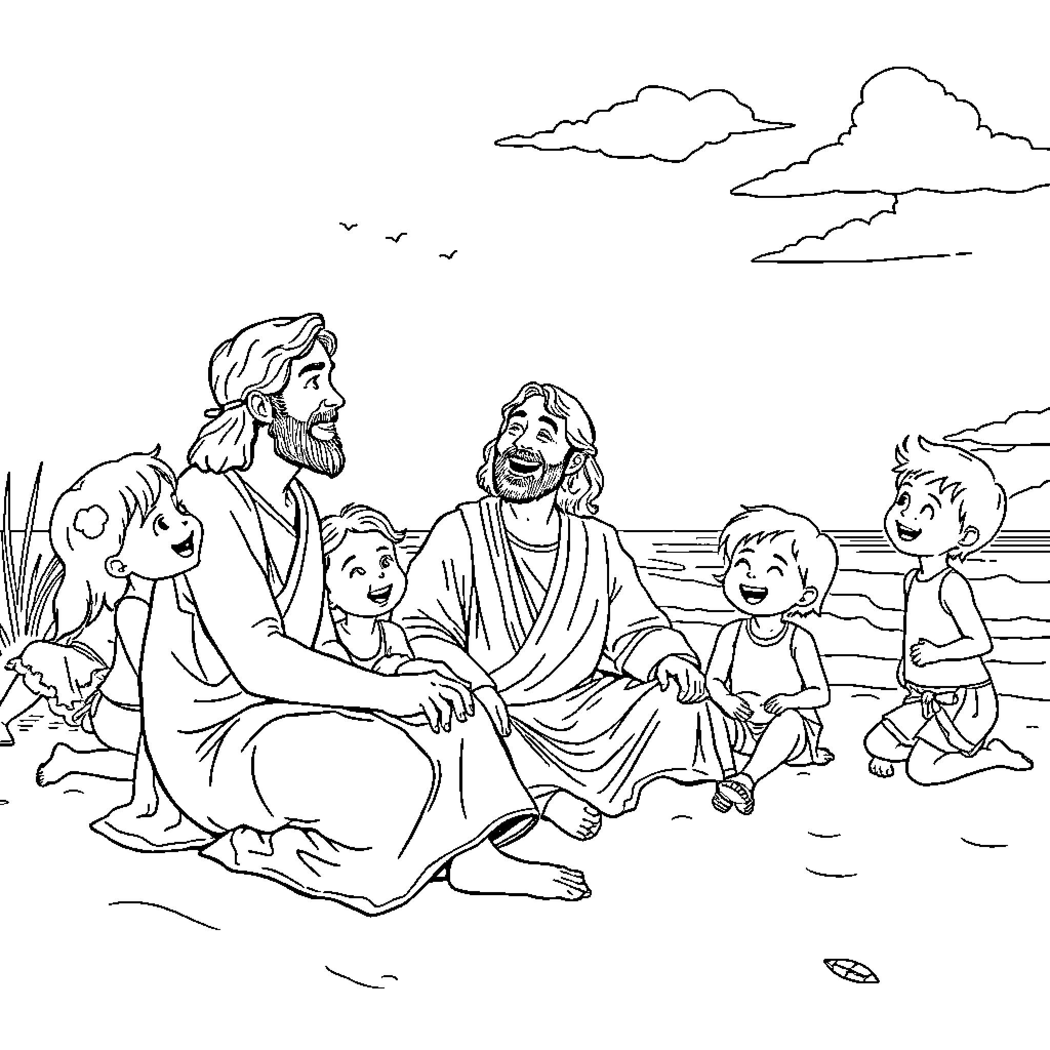 Jesus teaching children with compassion and joy Coloring Page (free black-and-white line drawing printable PDF for all, from beginners to advanced learners, including children, teens, adults, and seniors)