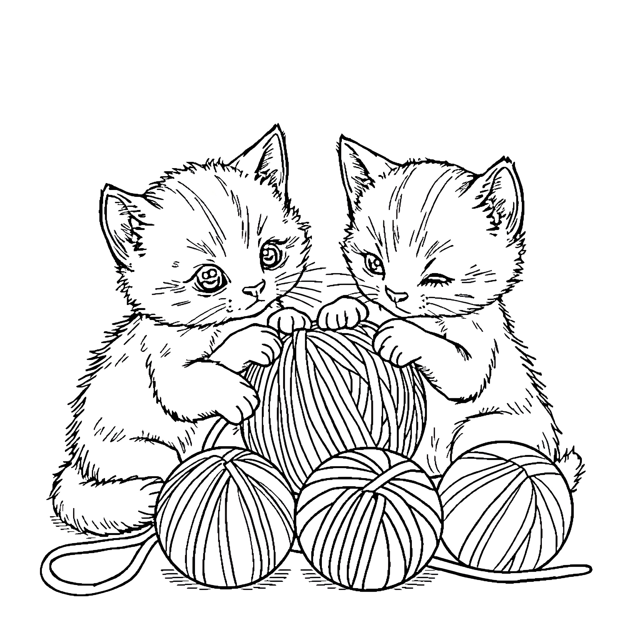Kitty Kittens Playing with Yarn Balls Coloring Page (free black-and-white line drawing printable PDF for all, from beginners to advanced learners, including children, teens, adults, and seniors)