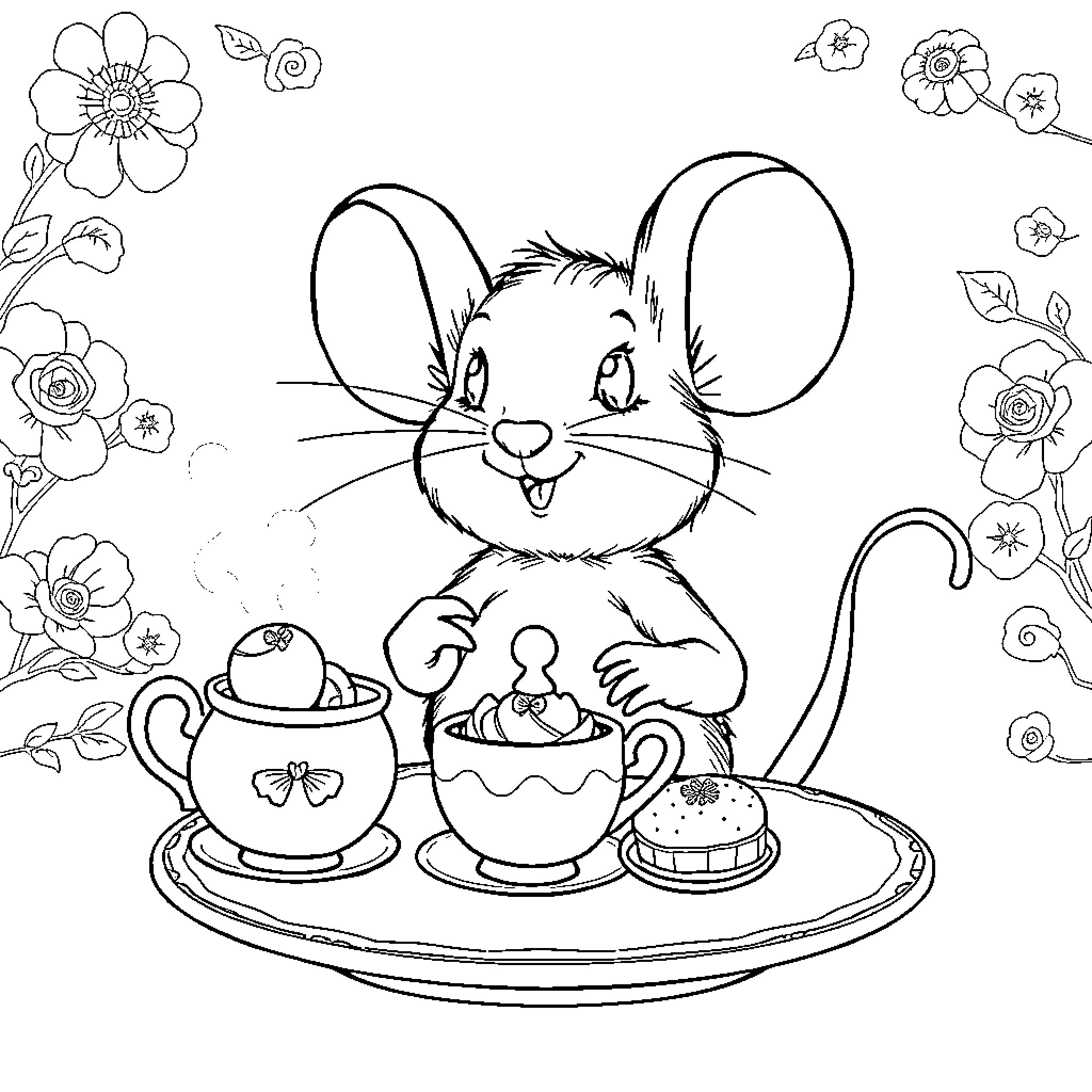 Mouse enjoying a tea party with treats Coloring Page (free black-and-white line drawing printable PDF for all, from beginners to advanced learners, including children, teens, adults, and seniors)