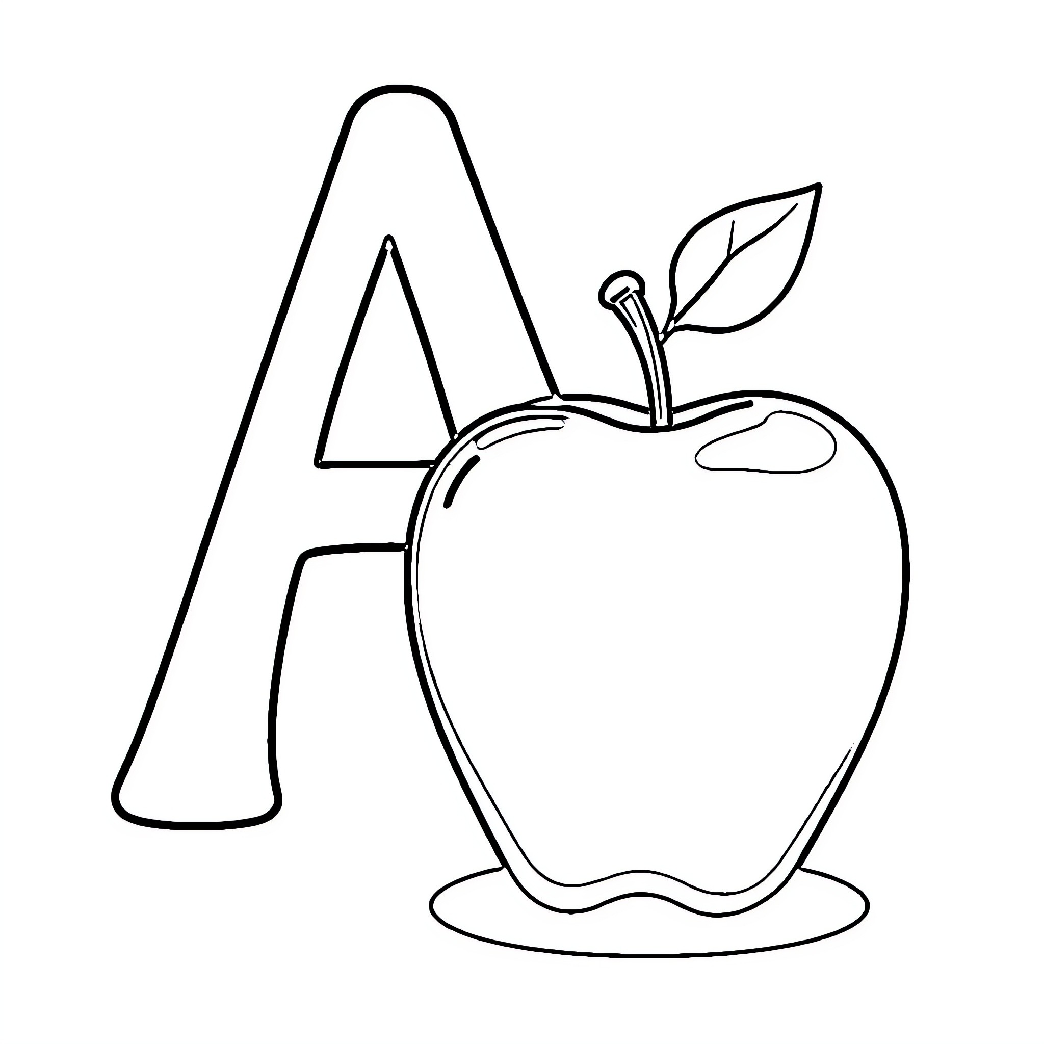 Apple Shaped Letter A with Illustration Coloring Page (free black-and-white line drawing printable PDF for all, from beginners to advanced learners, including children, teens, adults, and seniors)