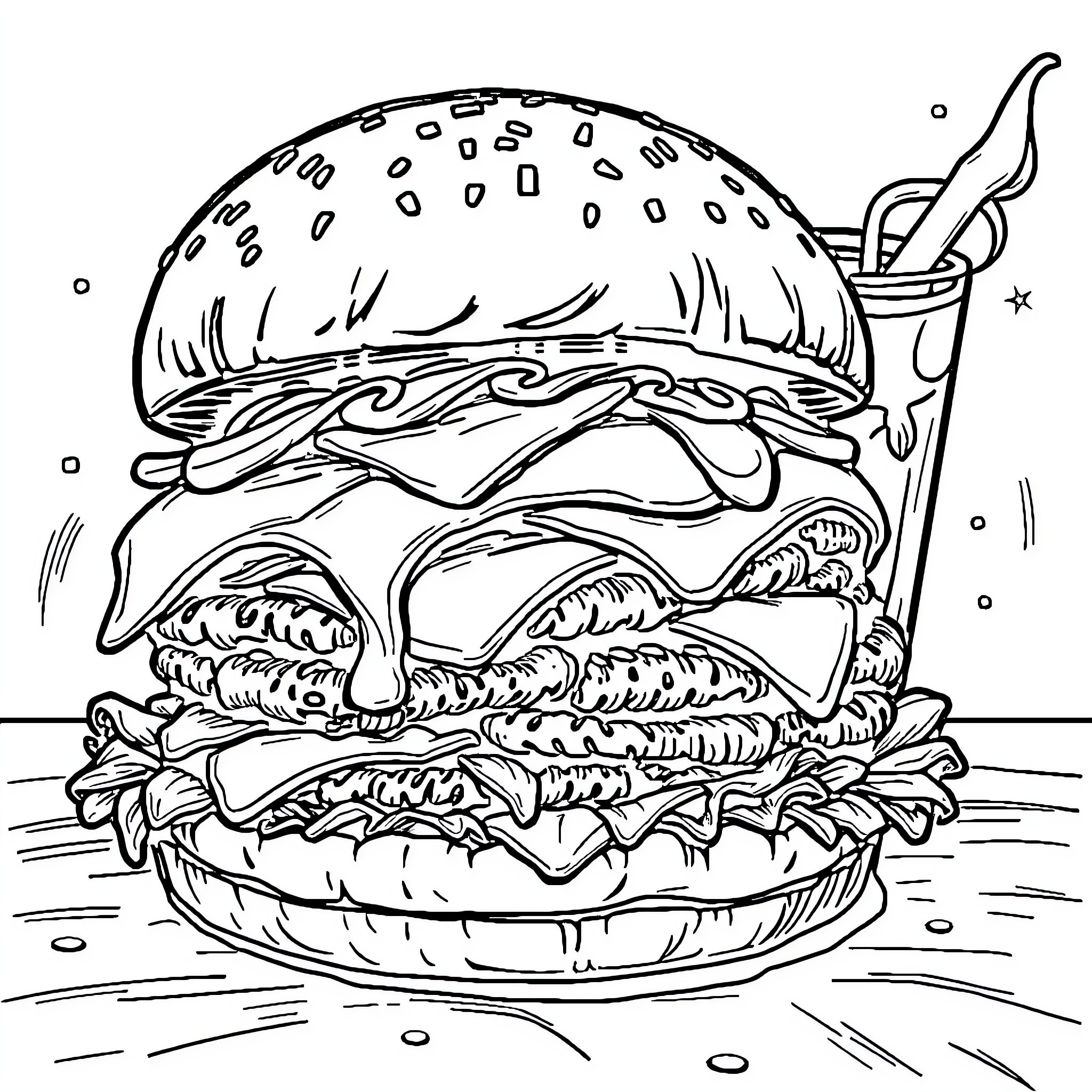 Hamburger with creative serving in a quirky scene Coloring Page (free black-and-white line drawing printable PDF for all, from beginners to advanced learners, including children, teens, adults, and seniors)