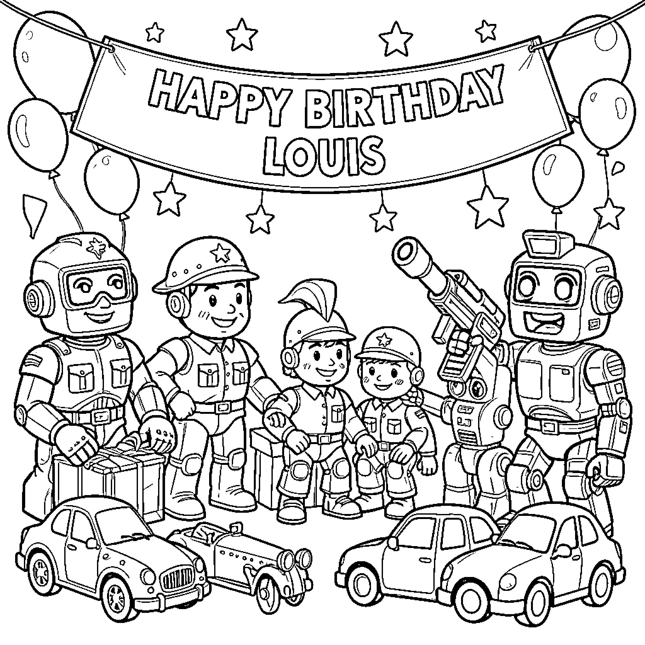 Birthday party with robots and toy vehicles Coloring Page (free black-and-white line drawing printable PDF for all, from beginners to advanced learners, including children, teens, adults, and seniors)