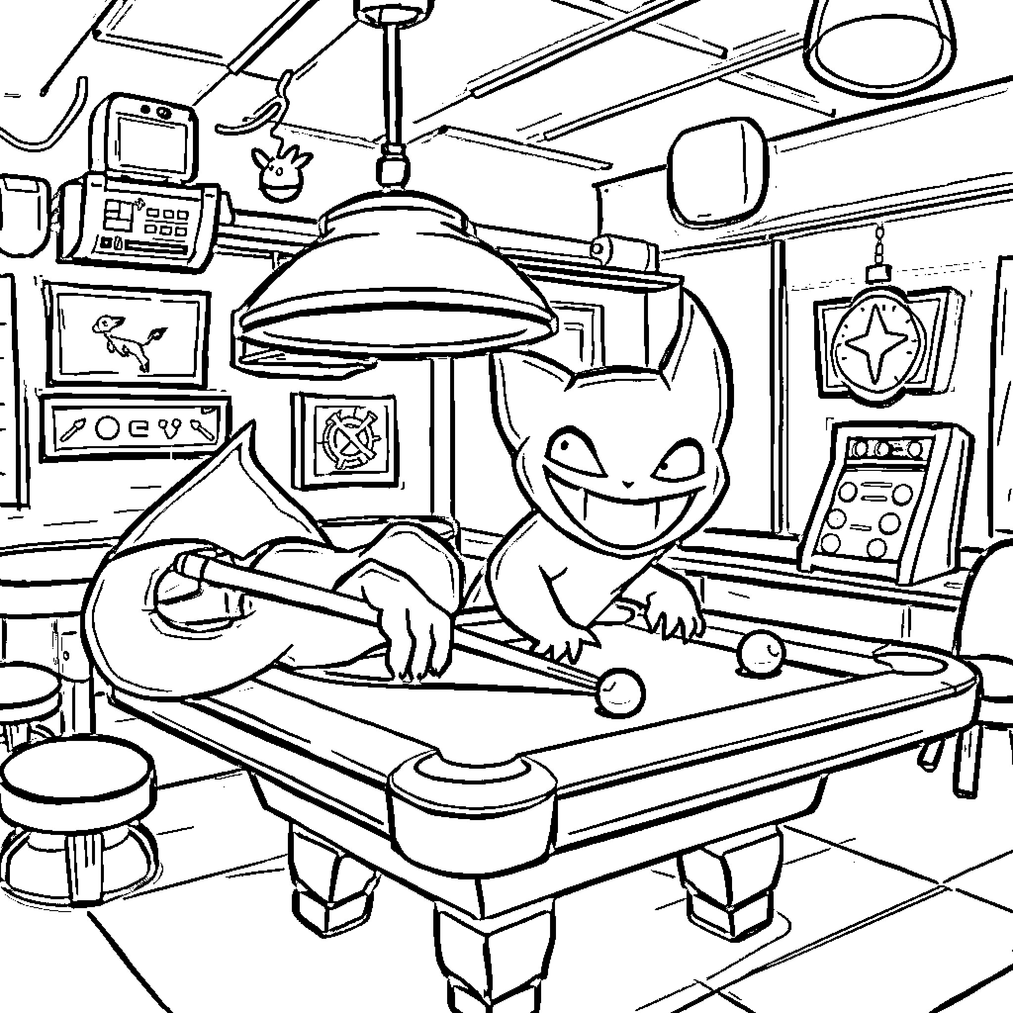 Gengar playing pool in a retro game room Coloring Page (free black-and-white line drawing printable PDF for all, from beginners to advanced learners, including children, teens, adults, and seniors)