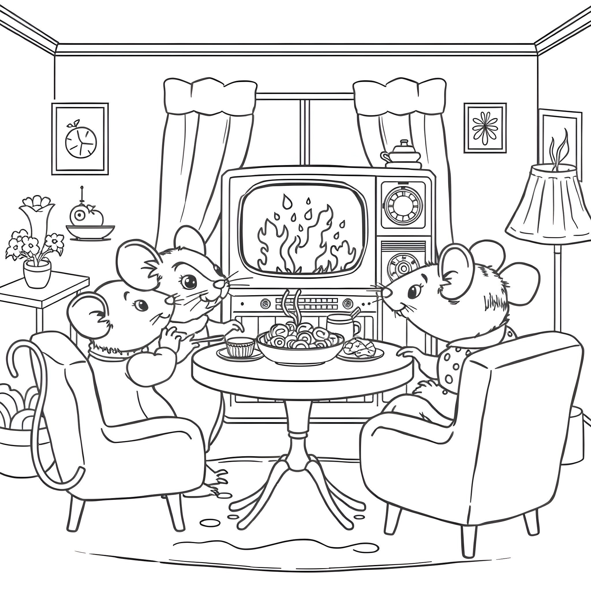 Mouse family watching TV in their cozy living room Coloring Page (free black-and-white line drawing printable PDF for all, from beginners to advanced learners, including children, teens, adults, and seniors)