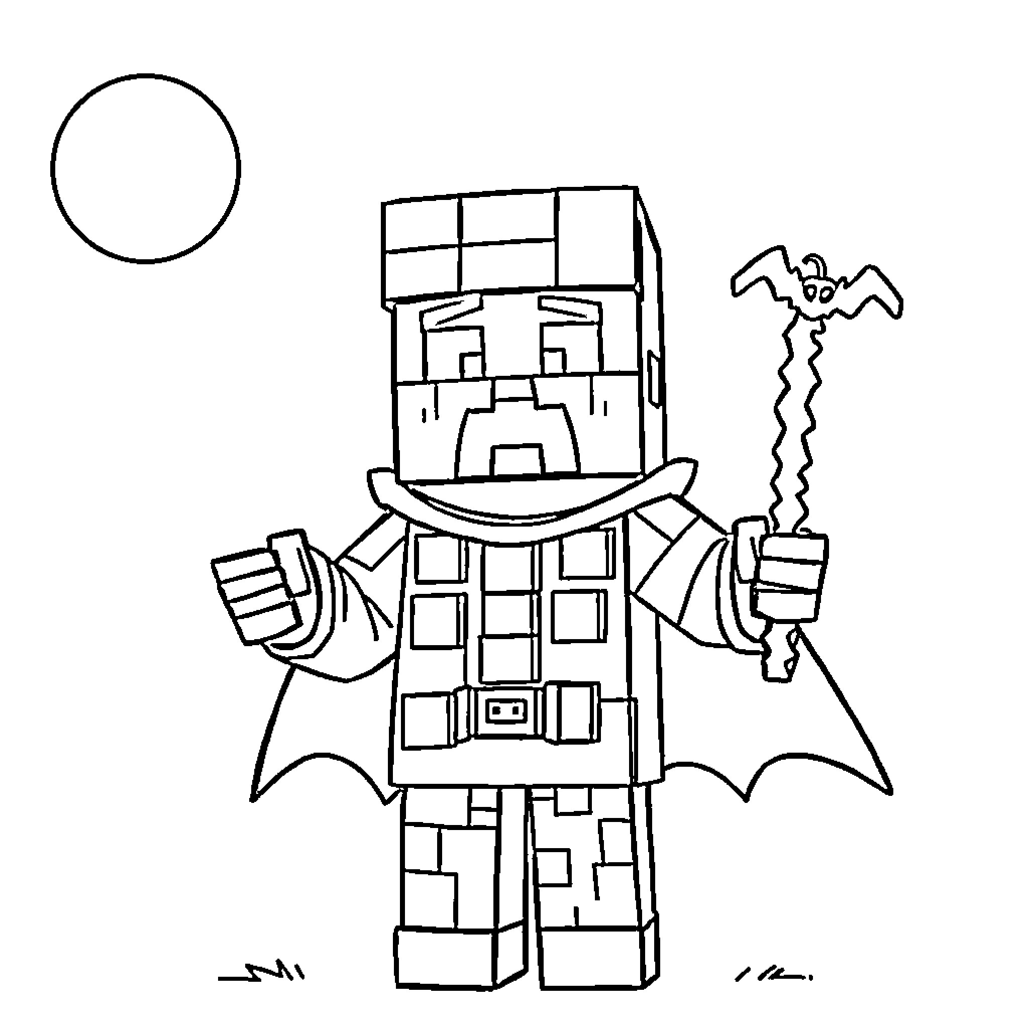 Minecraft Person as a Vampire Hunter Coloring Page (free black-and-white line drawing printable PDF for all, from beginners to advanced learners, including children, teens, adults, and seniors)